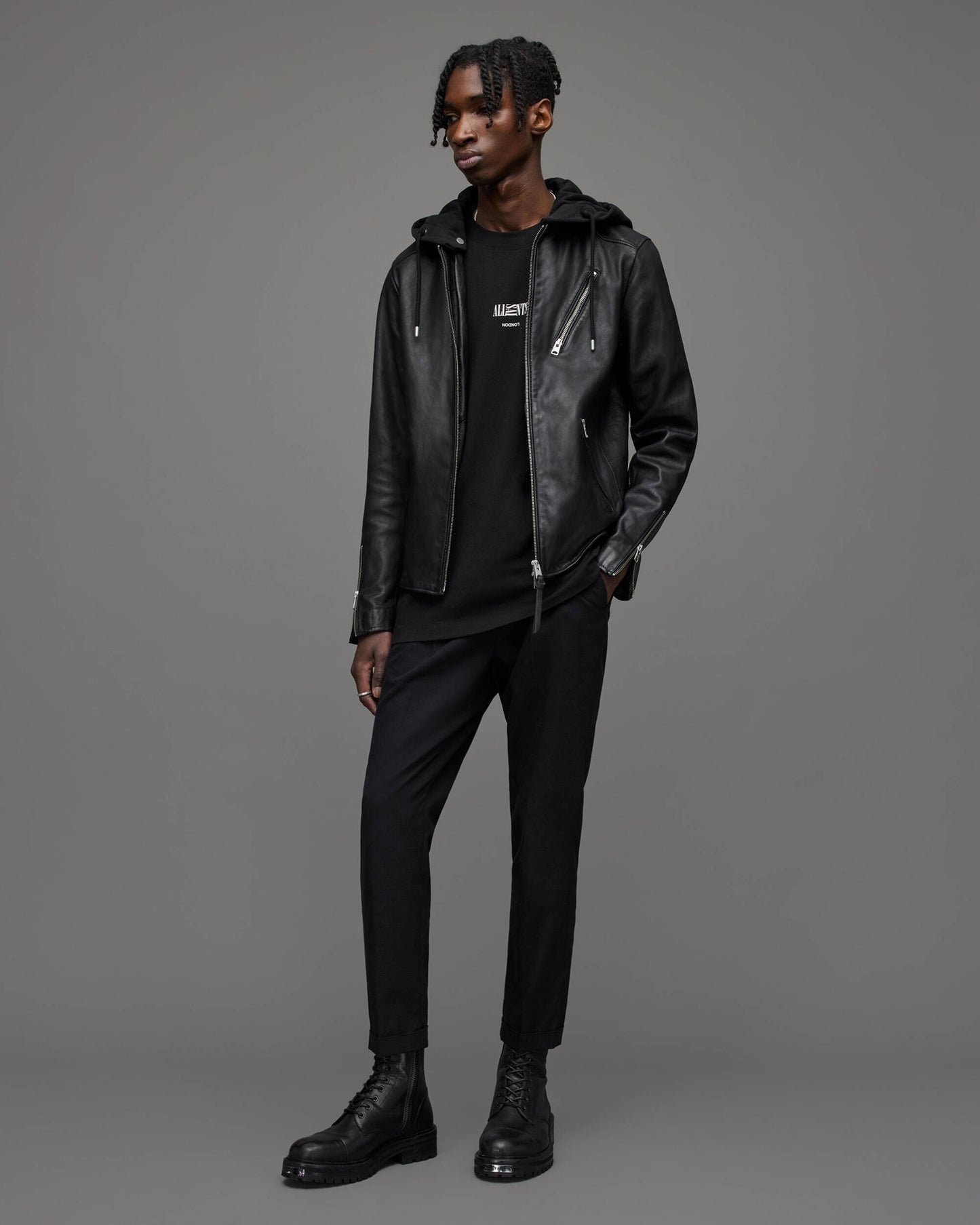 Men's Leather Biker Jacket In Black With Hood