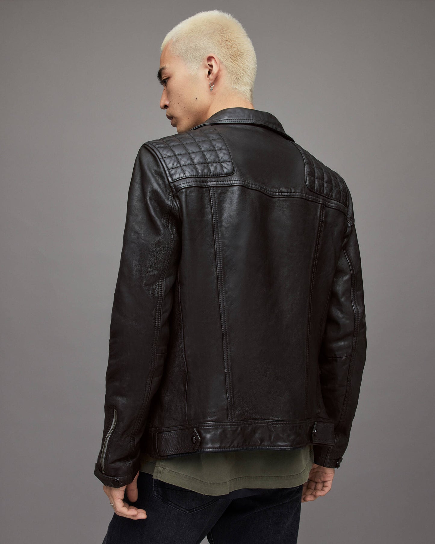 Men's Leather Biker Jacket In Black With Quilted Shoulders
