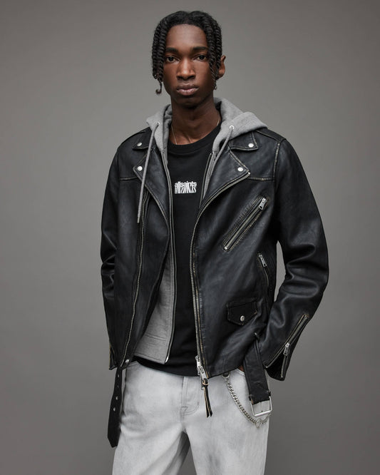 Men's Leather Biker Jacket In Black With Removable Hood