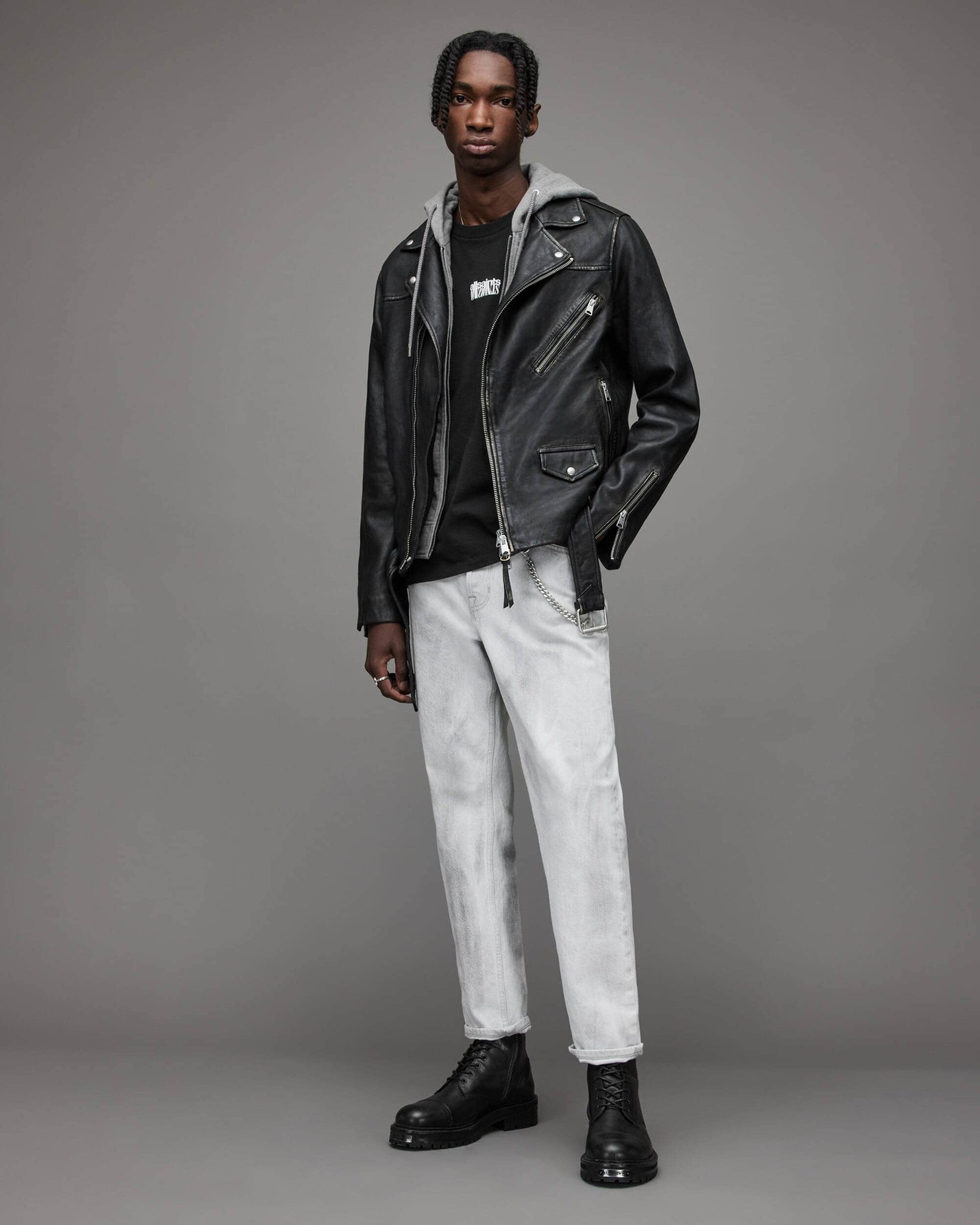 Men's Leather Biker Jacket In Black With Removable Hood