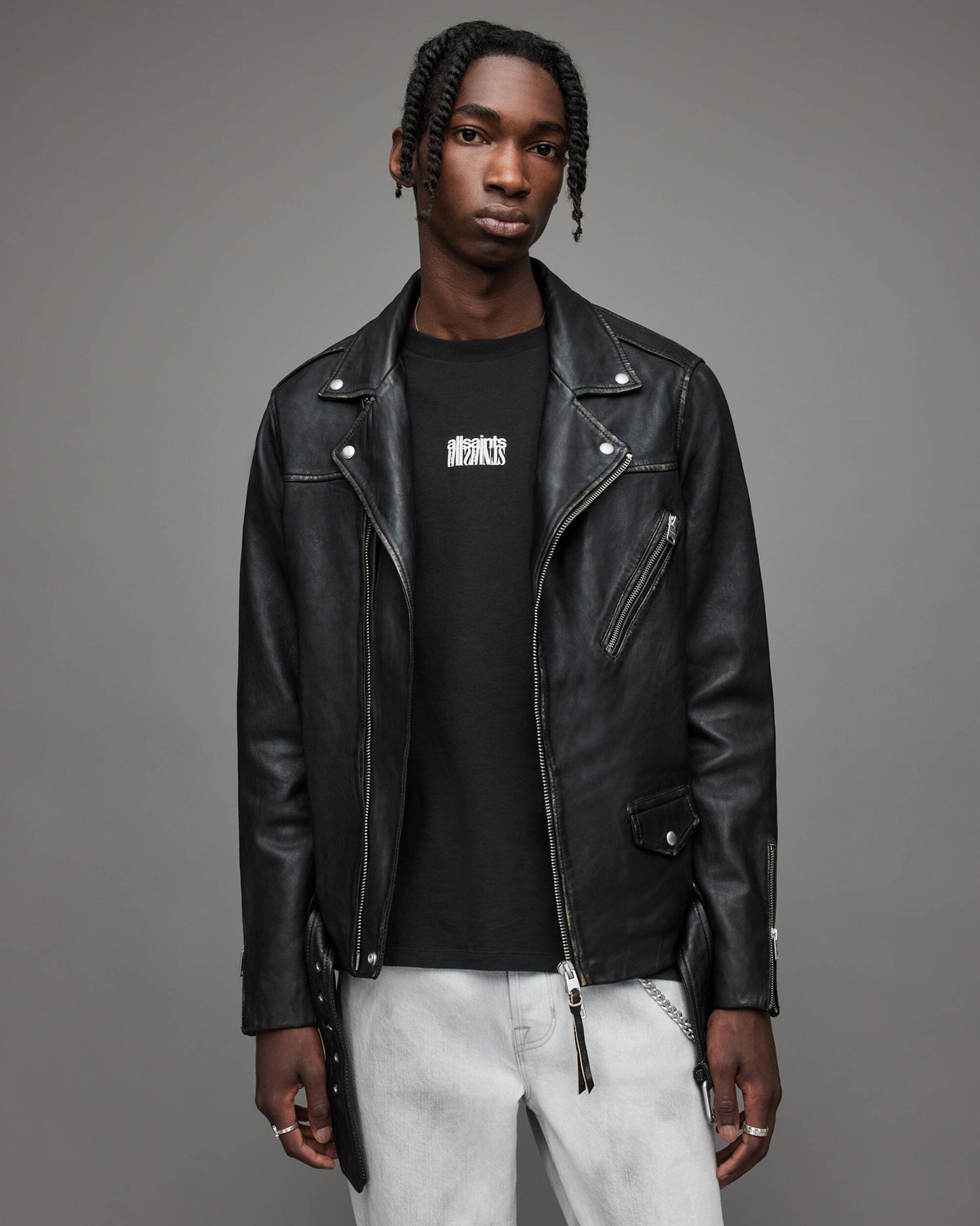 Men's Leather Biker Jacket In Black With Removable Hood