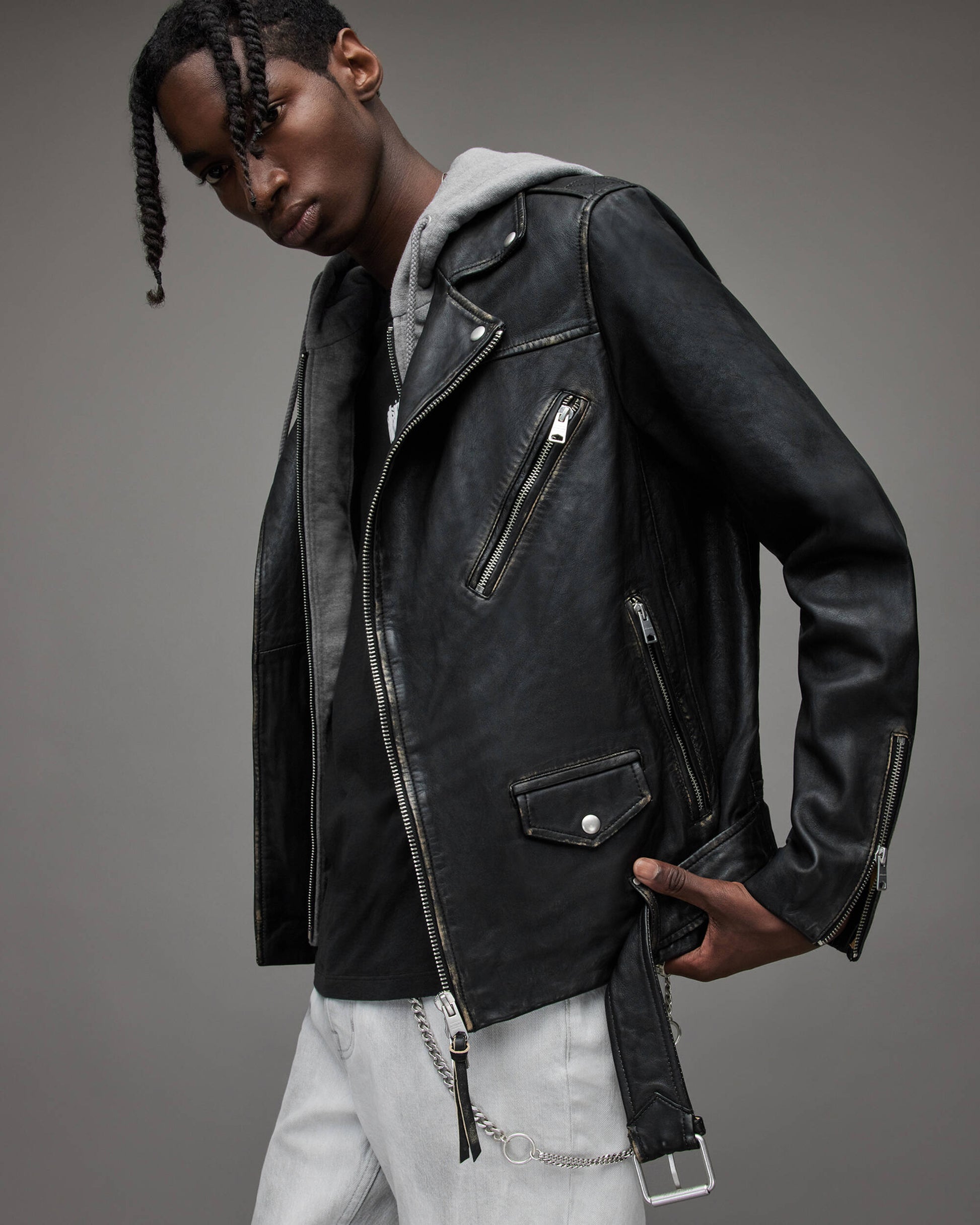 Men's Leather Biker Jacket In Black With Removable Hood