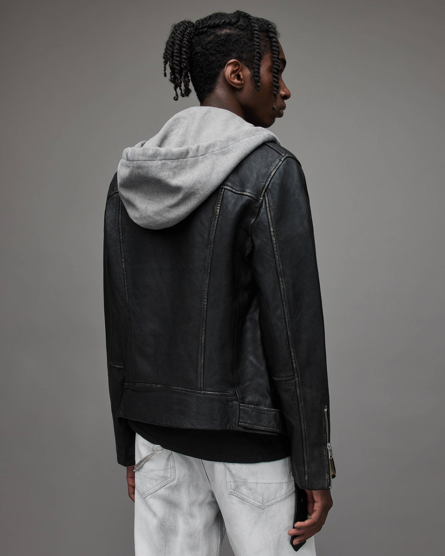 Men's Leather Biker Jacket In Black With Removable Hood