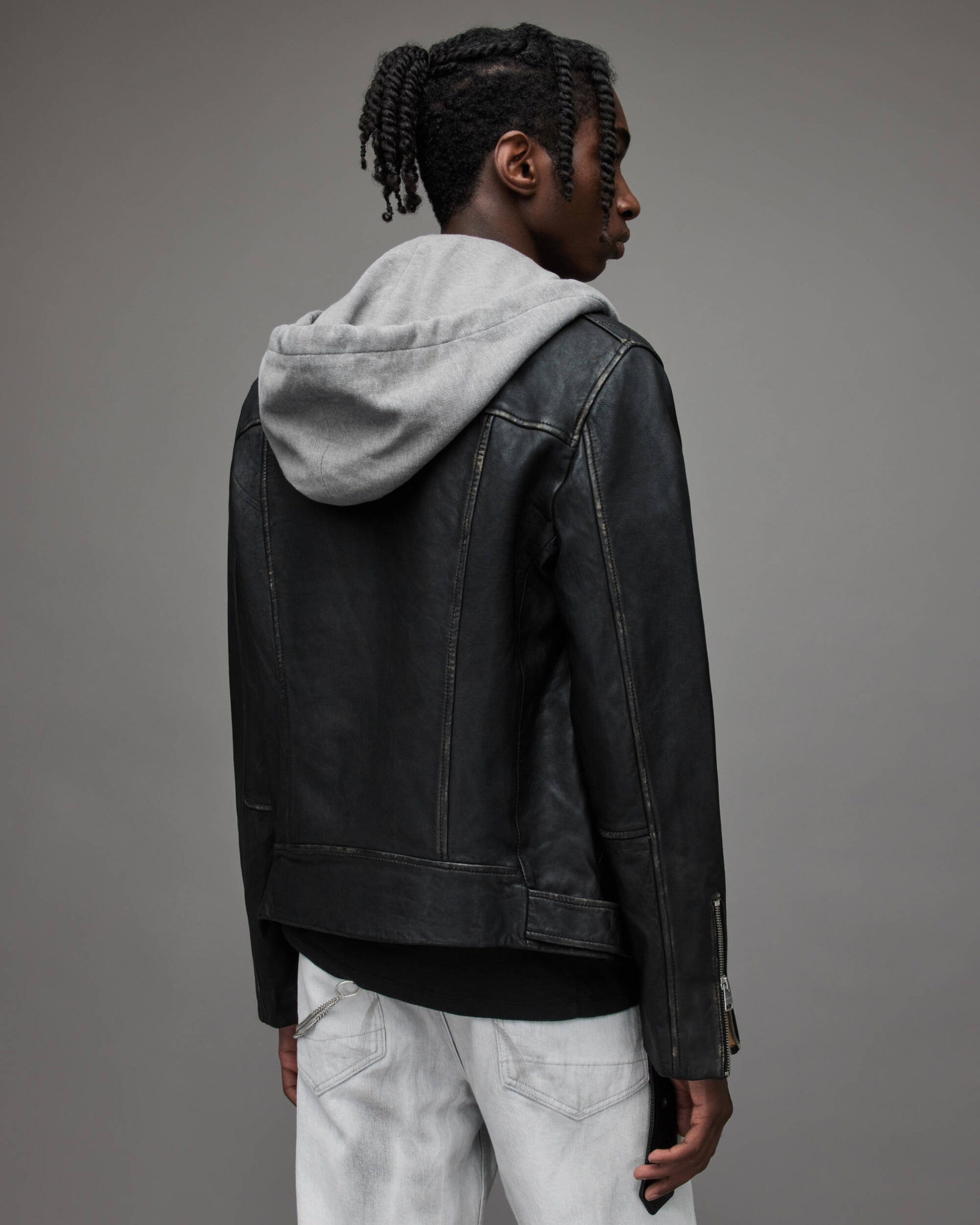 Men's Leather Biker Jacket In Black With Removable Hood