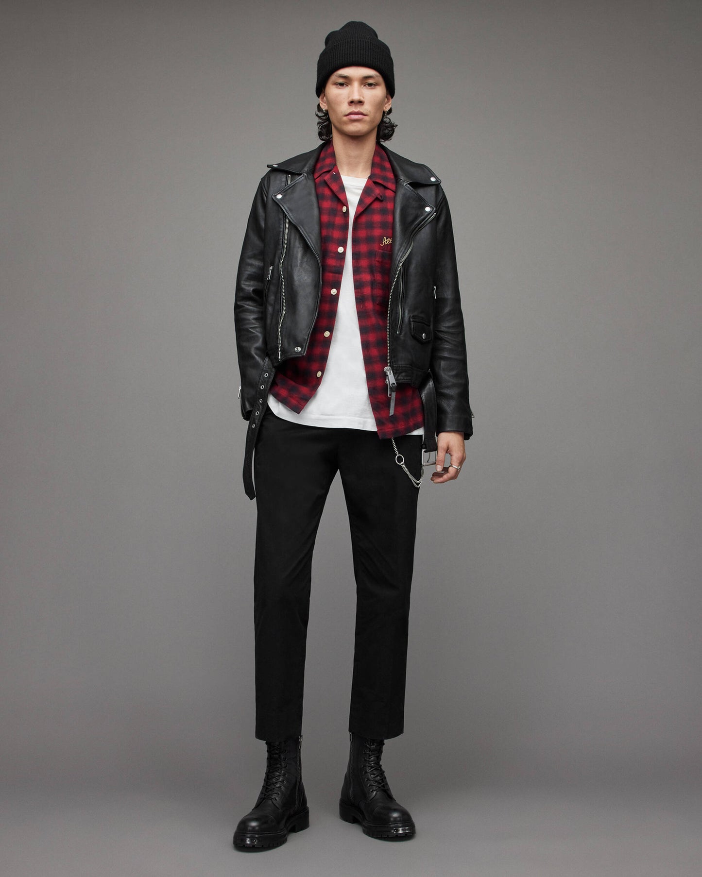 Men's Leather Biker Jacket In Black With Shoulder Trap