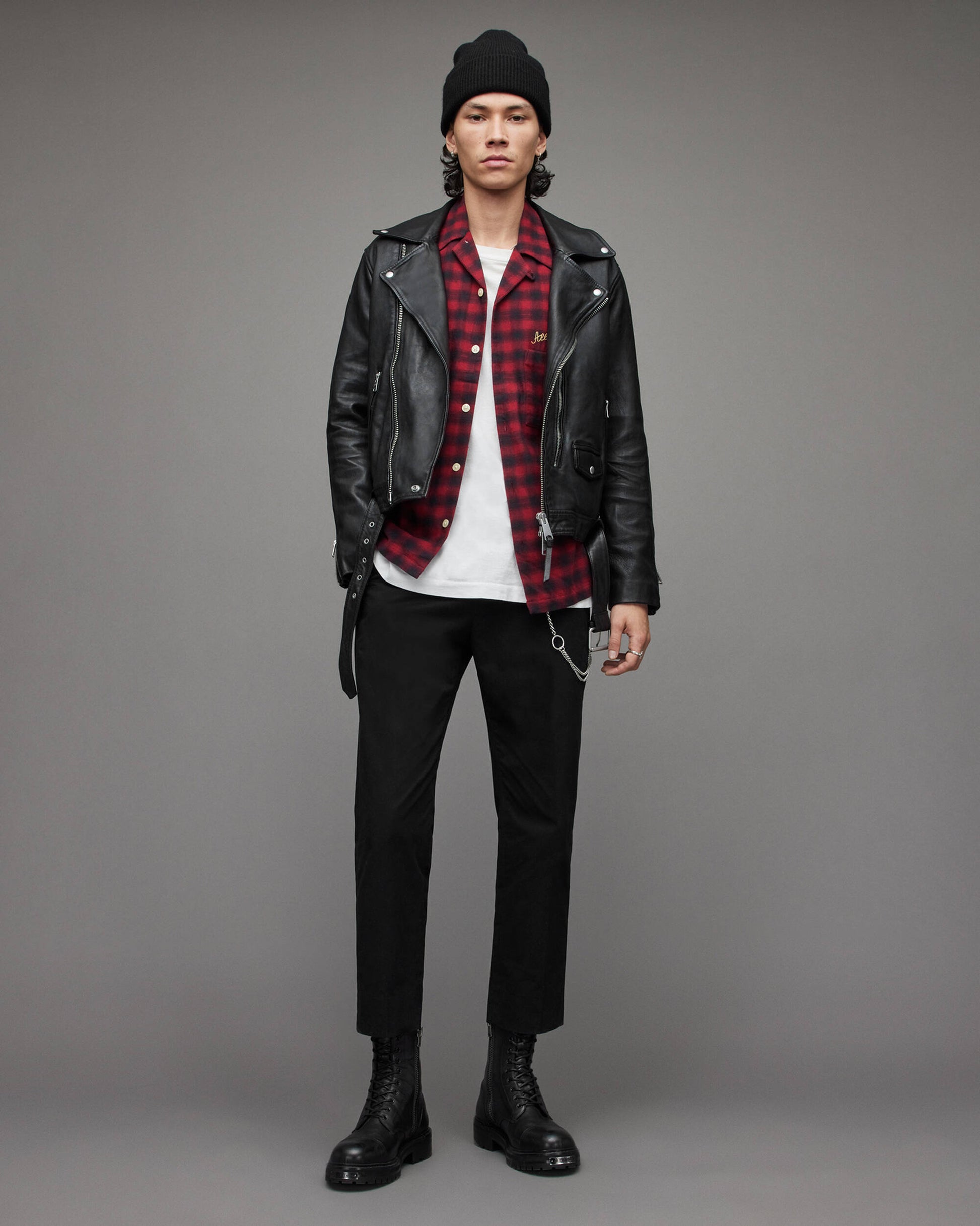 Men's Leather Biker Jacket In Black With Shoulder Trap