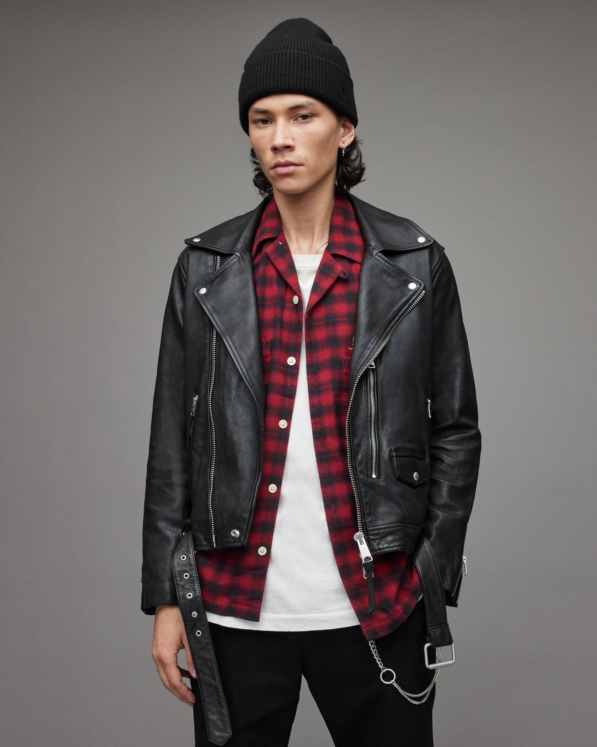 Men's Leather Biker Jacket In Black With Shoulder Trap