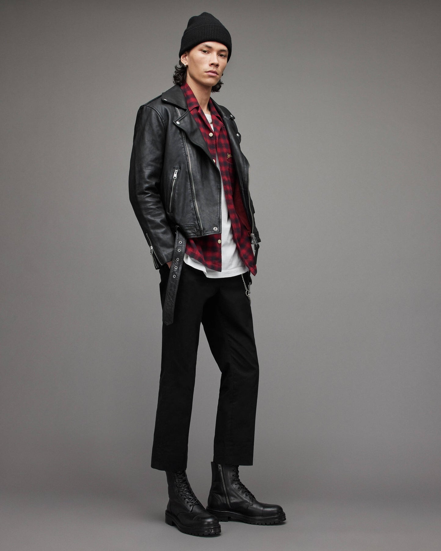 Men's Leather Biker Jacket In Black With Shoulder Trap
