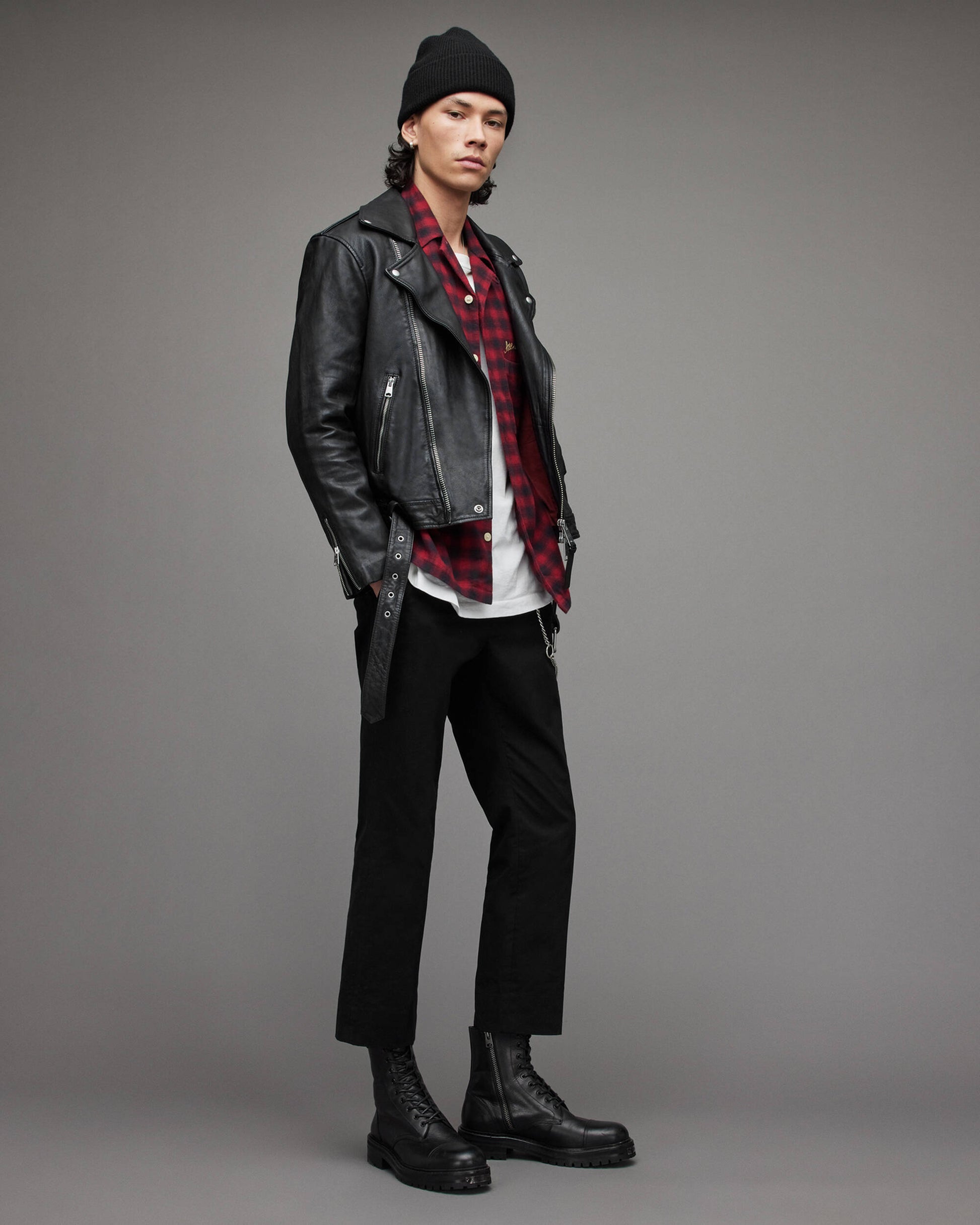 Men's Leather Biker Jacket In Black With Shoulder Trap