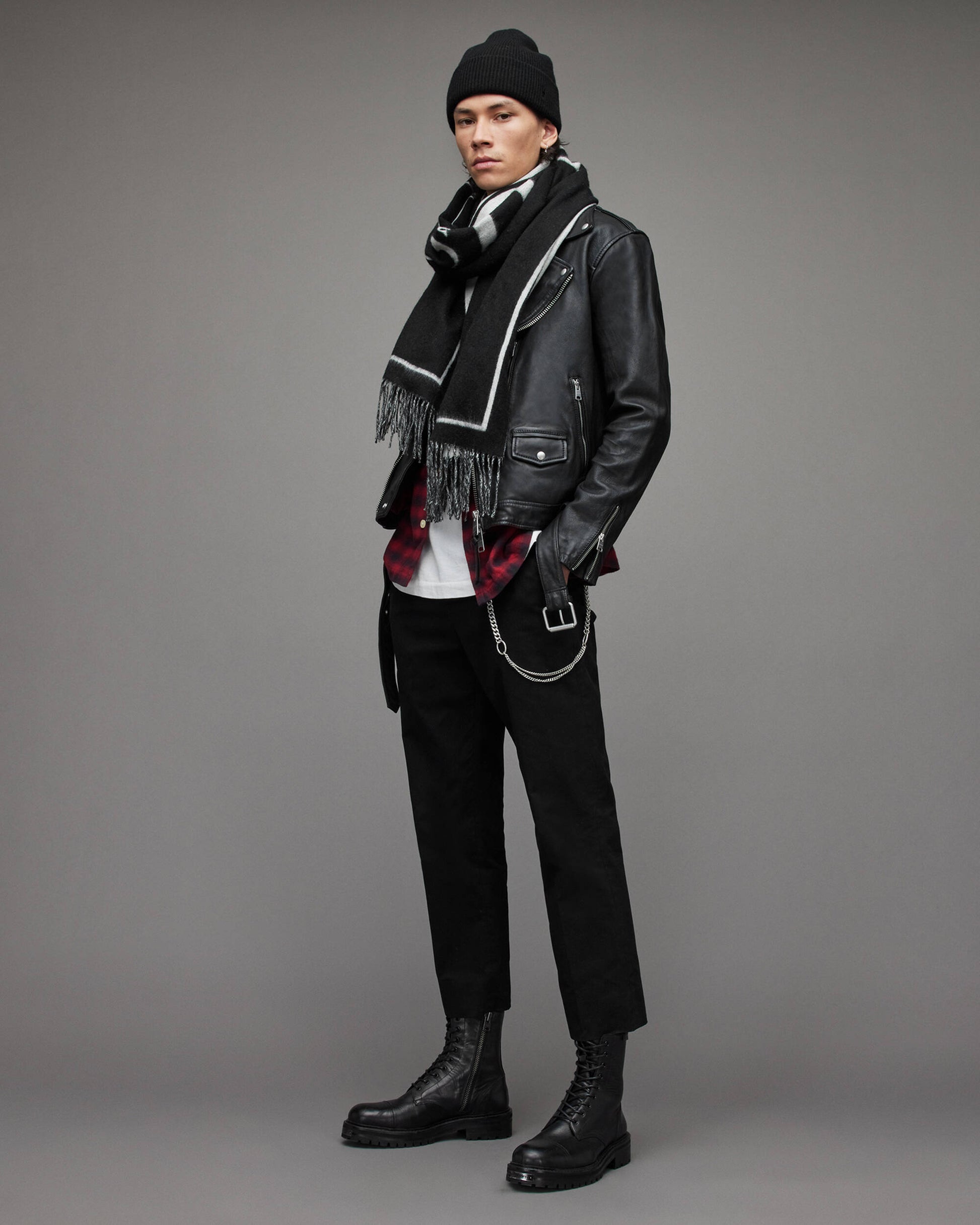 Men's Leather Biker Jacket In Black With Shoulder Trap