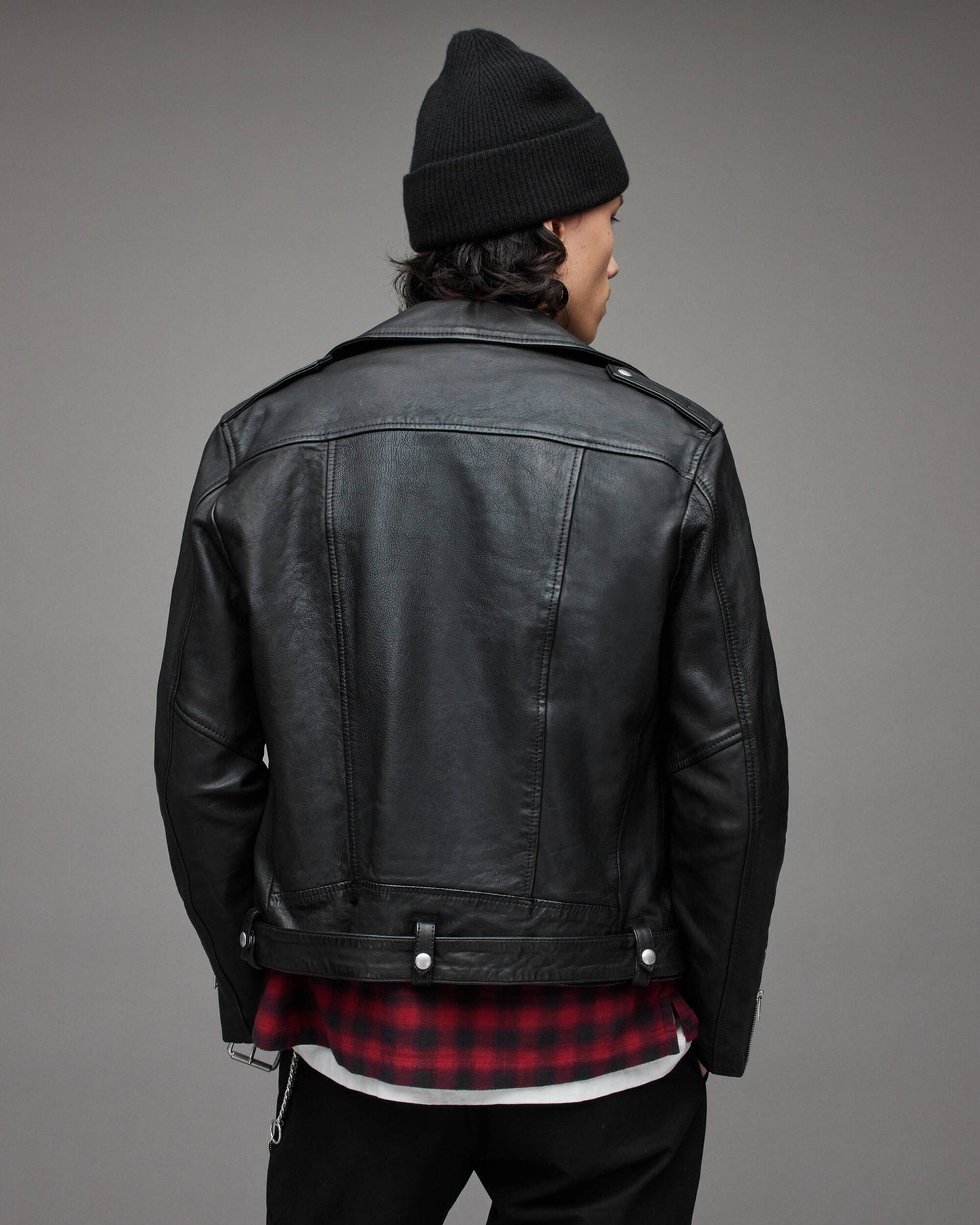 Men's Leather Biker Jacket In Black With Shoulder Trap