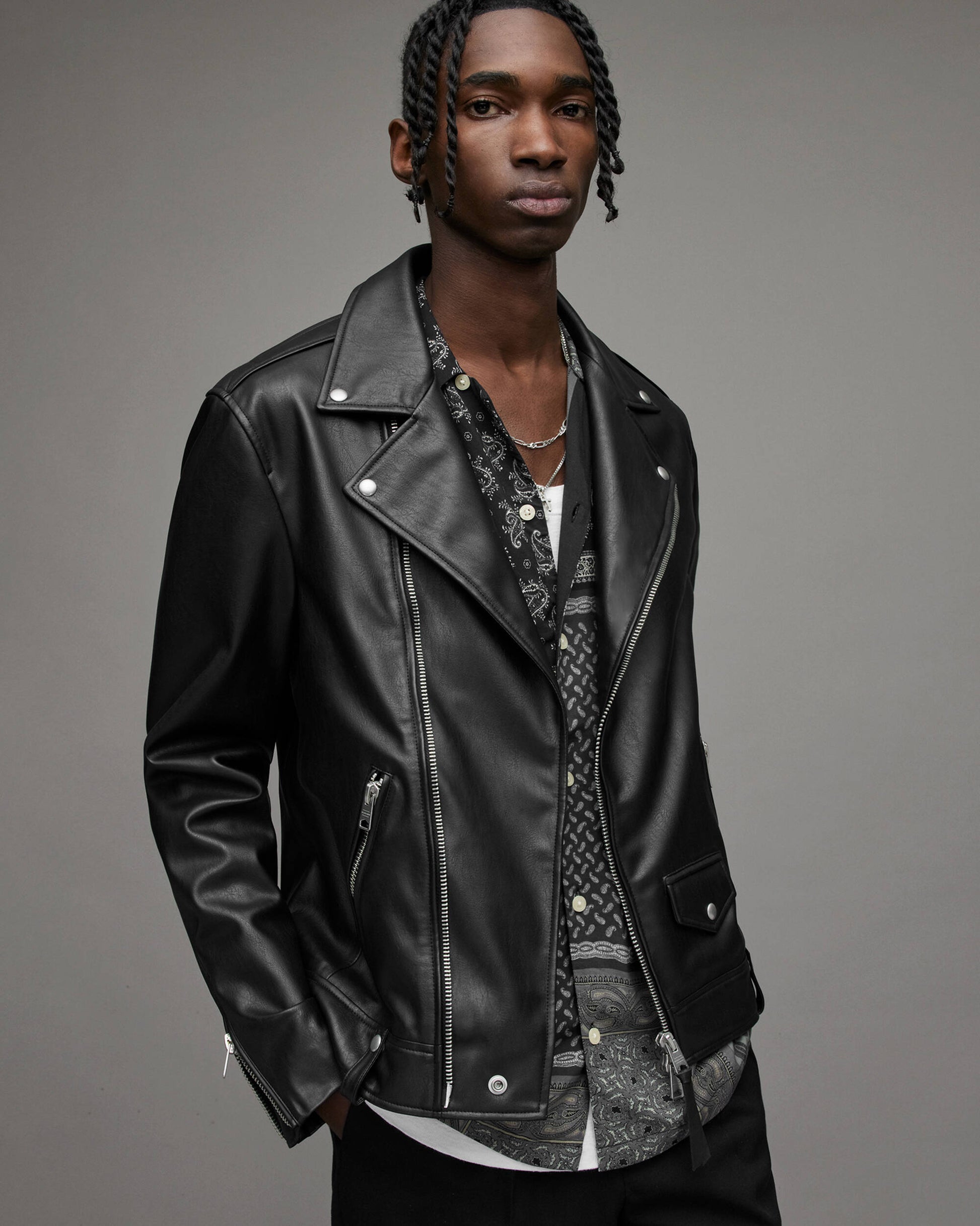 Men's Leather Biker Jacket In Black