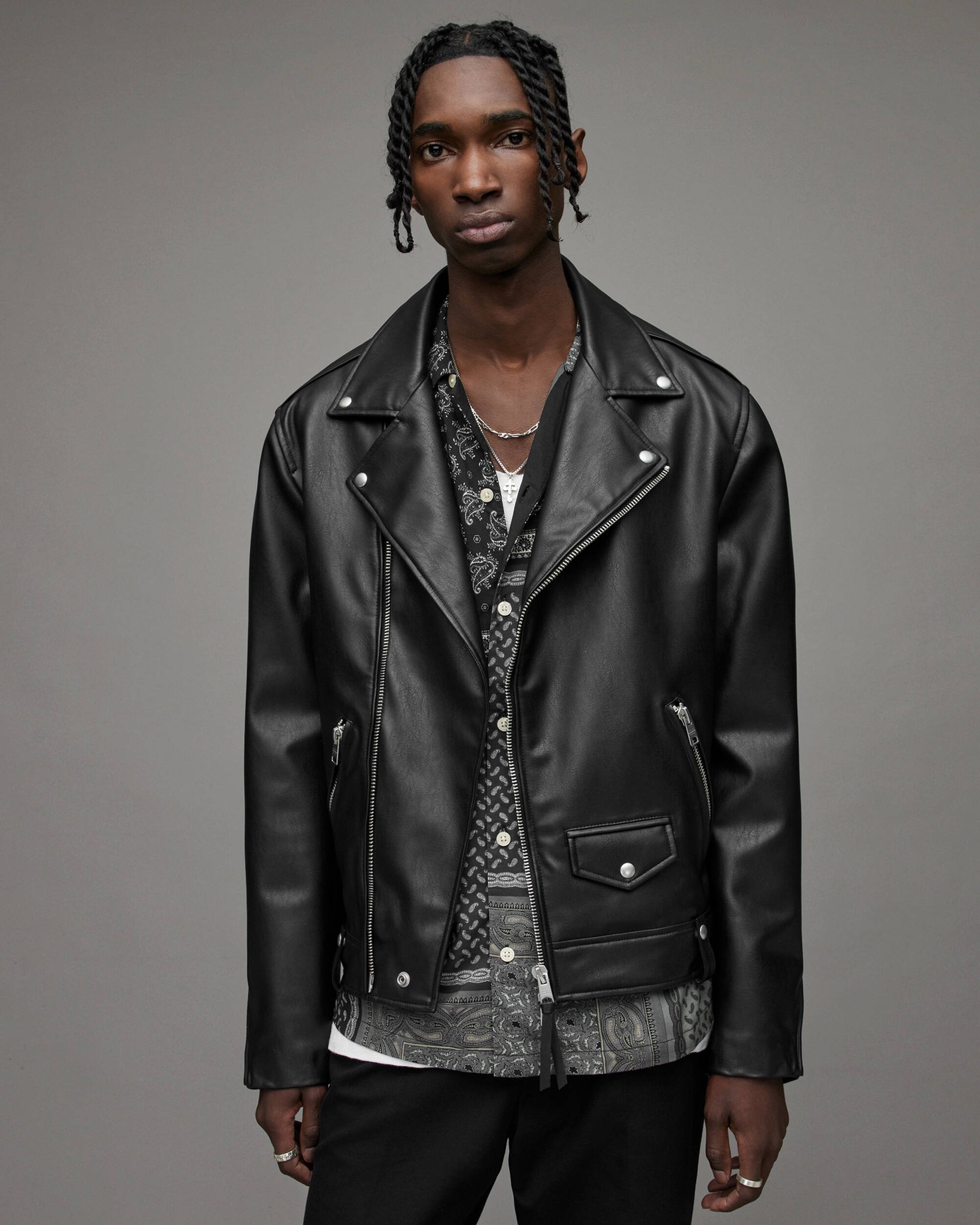 Men's Leather Biker Jacket In Black