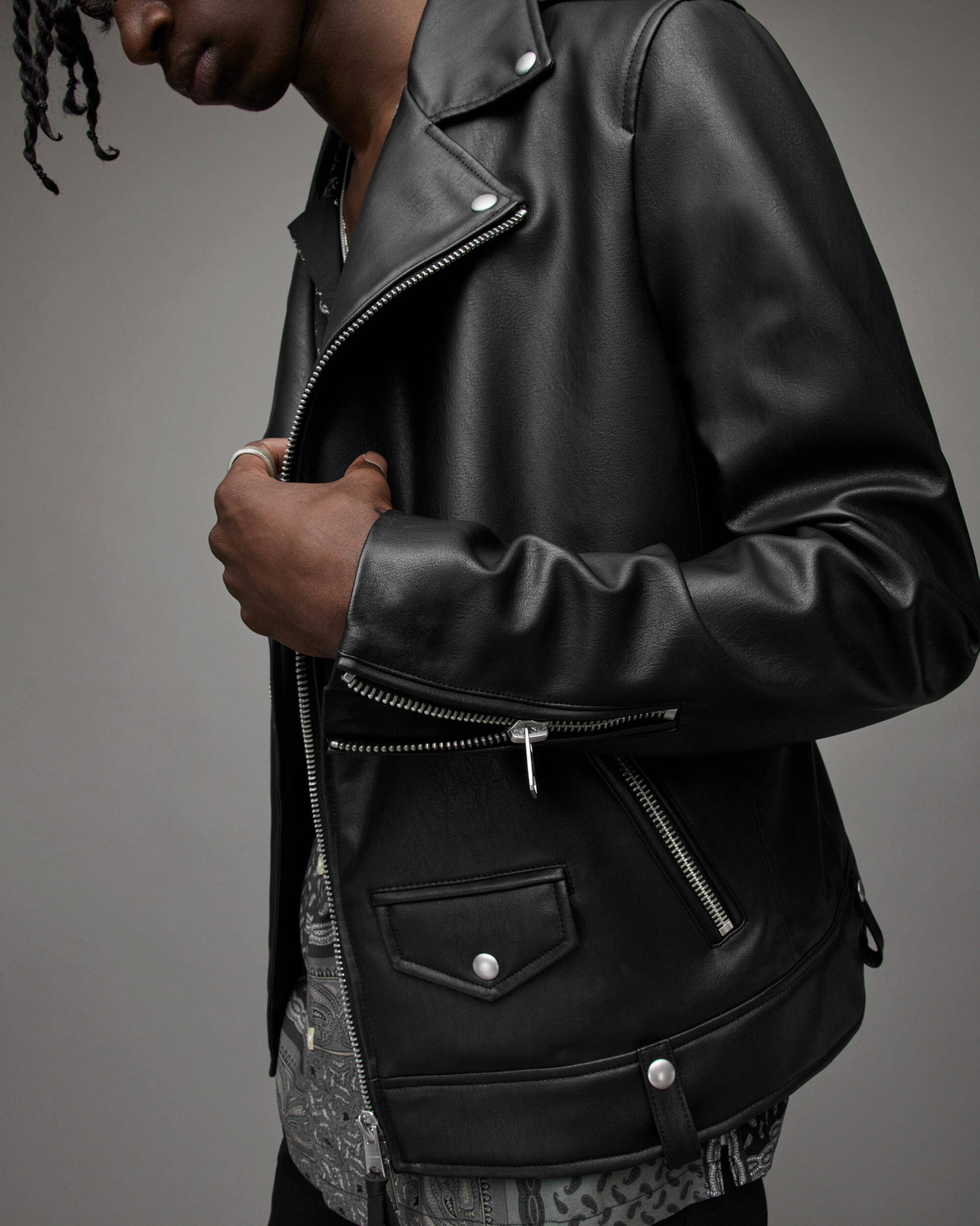 Men's Leather Biker Jacket In Black