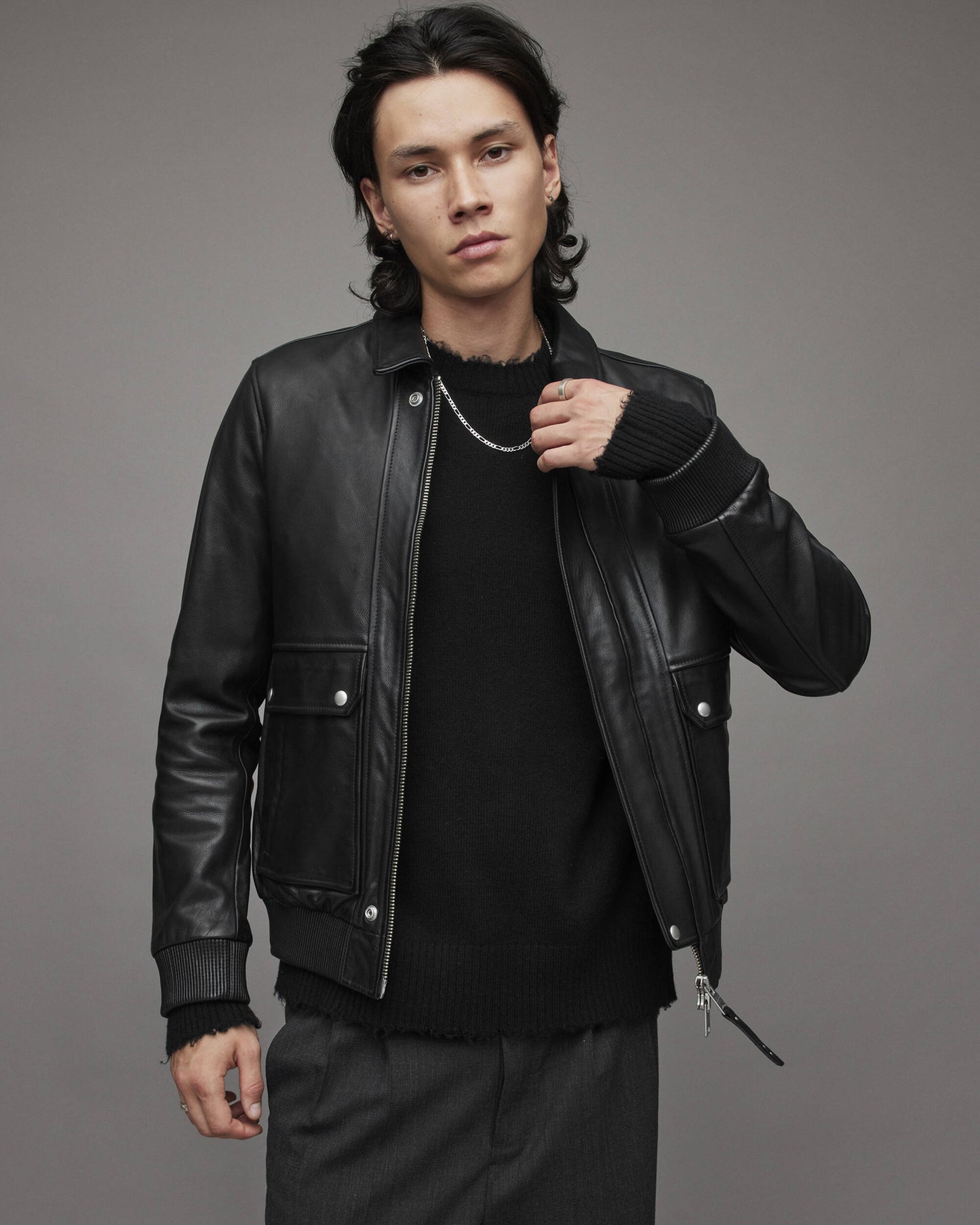 Men's Leather Bomber Harrington Jacket In Black