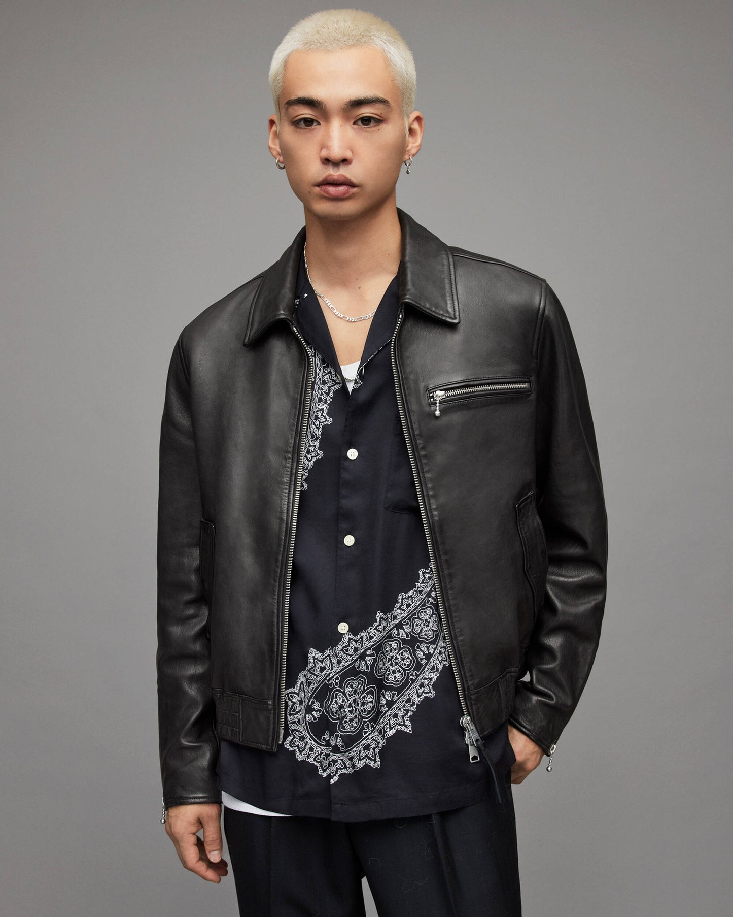 Men's Leather Bomber Harrington Jacket In Black