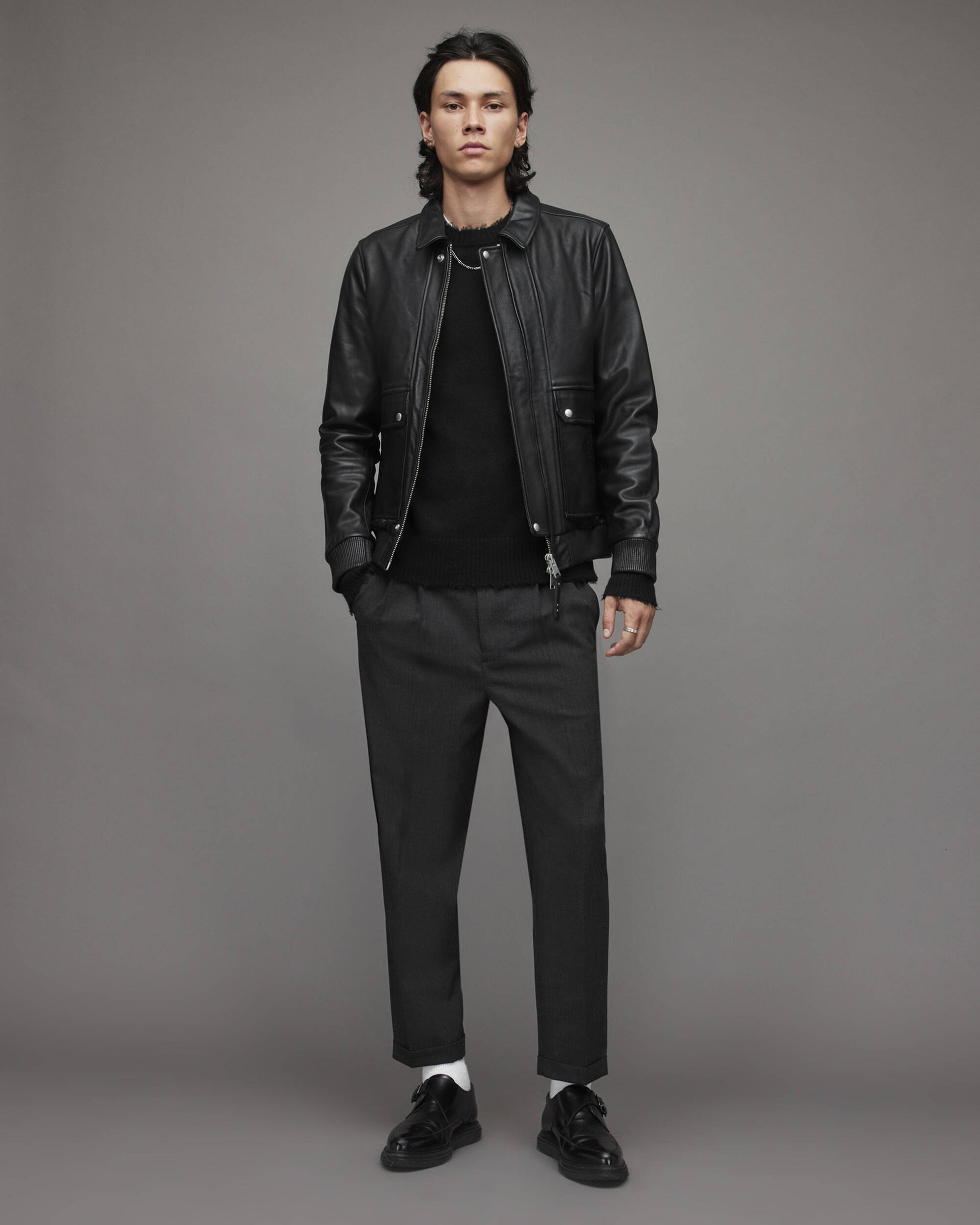 Men's Leather Bomber Harrington Jacket In Black