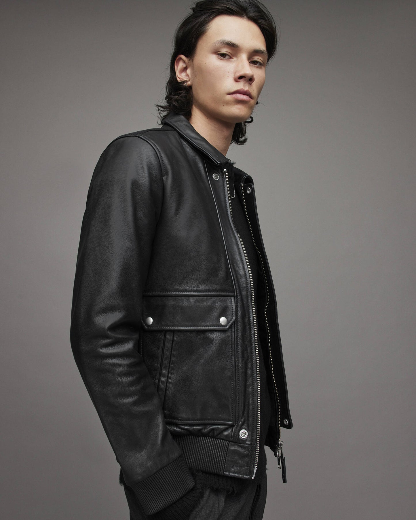 Men's Leather Bomber Harrington Jacket In Black