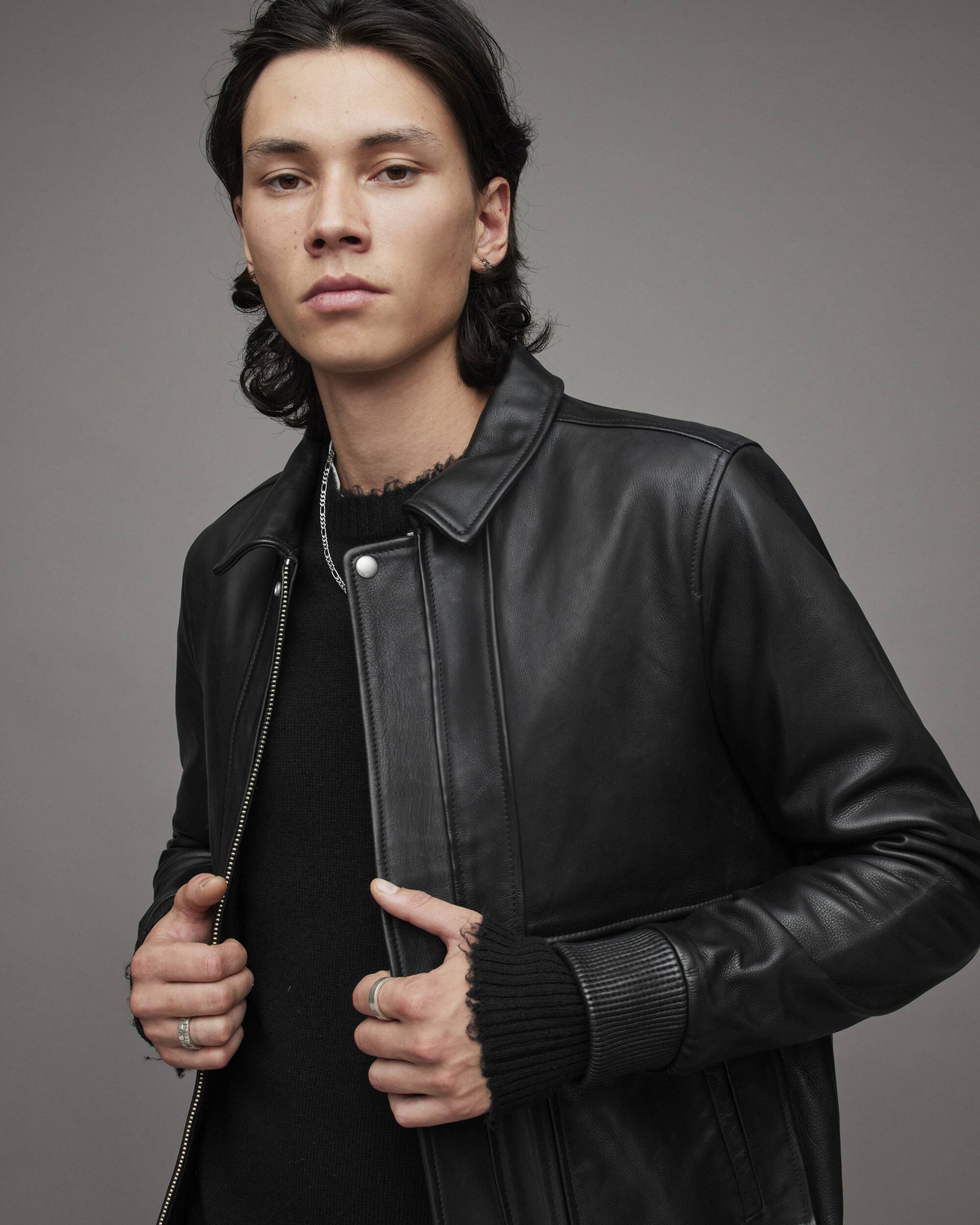 Men's Leather Bomber Harrington Jacket In Black