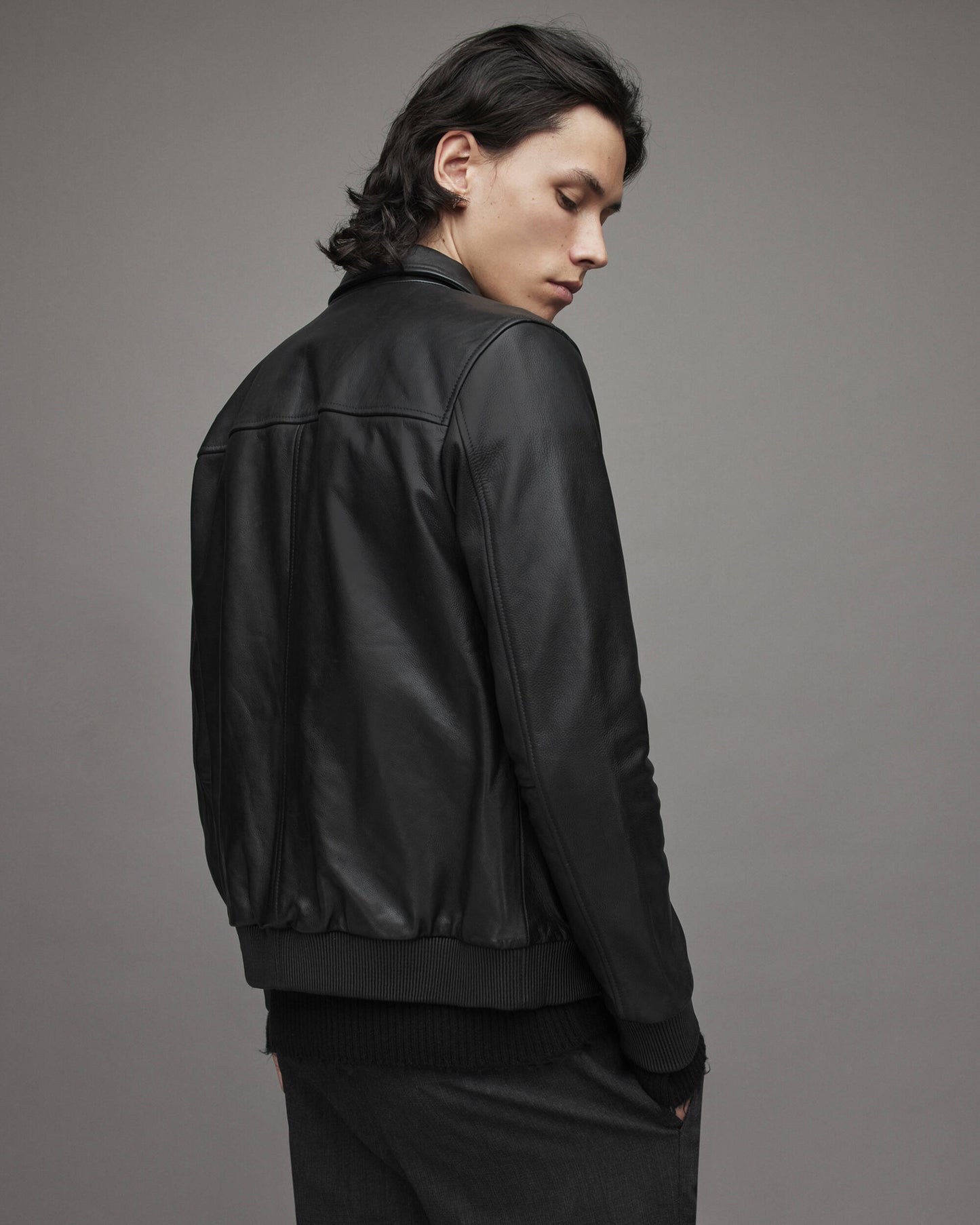 Men's Leather Bomber Harrington Jacket In Black