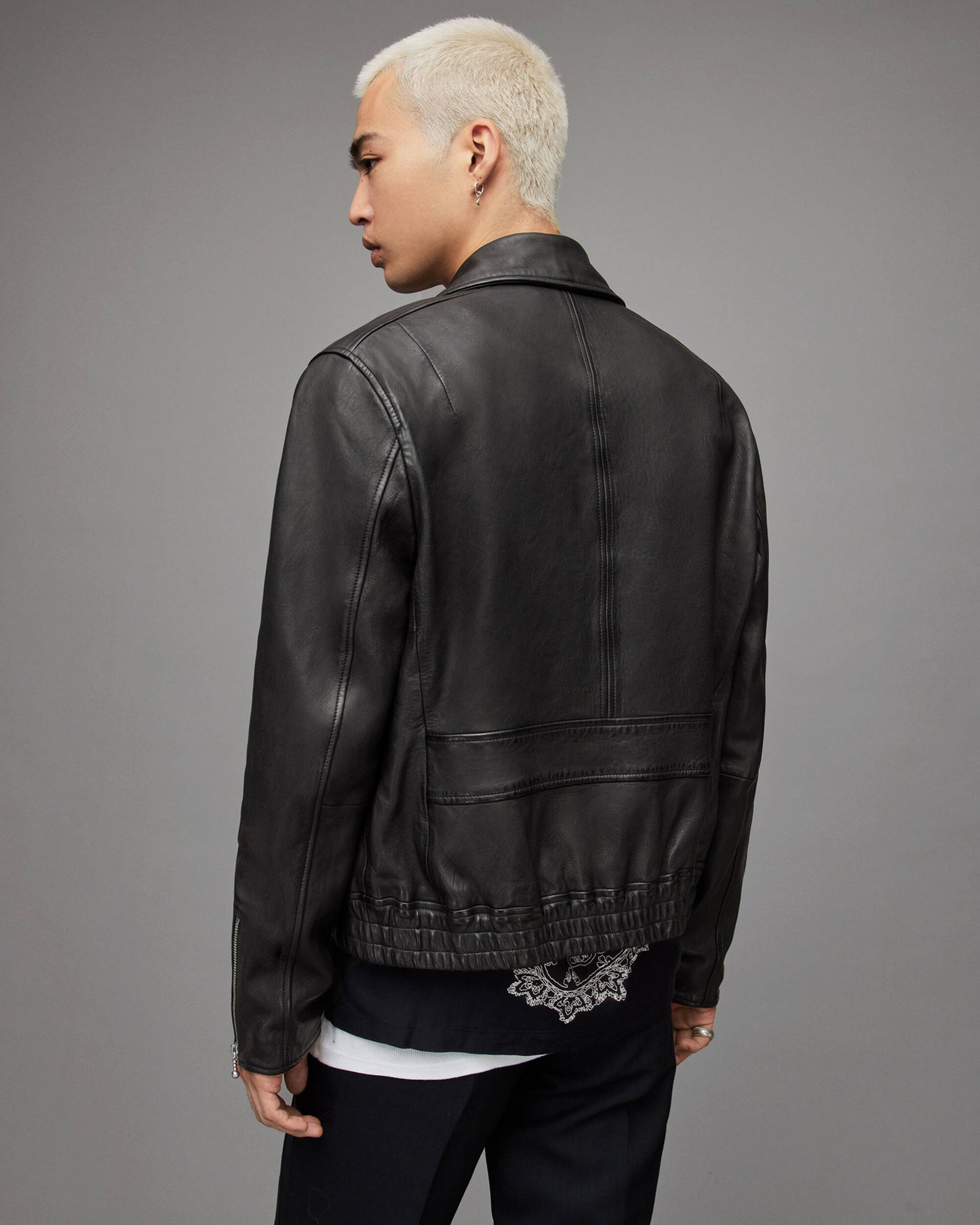 Men's Leather Bomber Harrington Jacket In Black