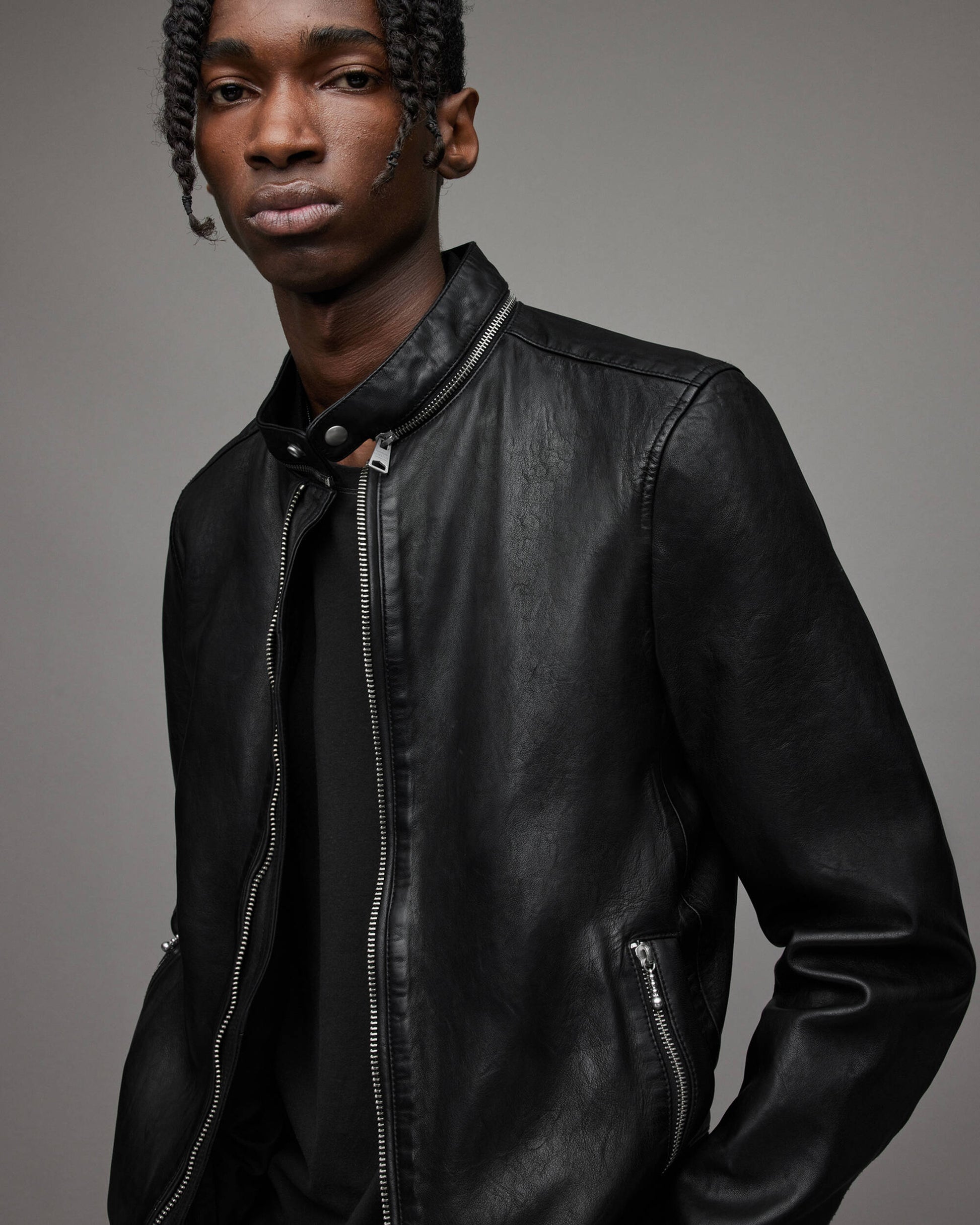 Men's Leather Bomber Jacket In Black With Dual Collar