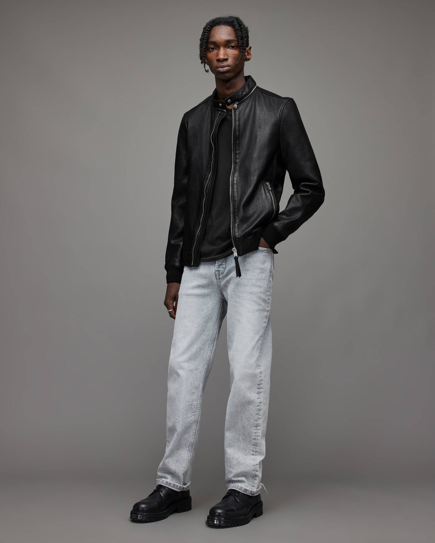 Men's Leather Bomber Jacket In Black With Dual Collar