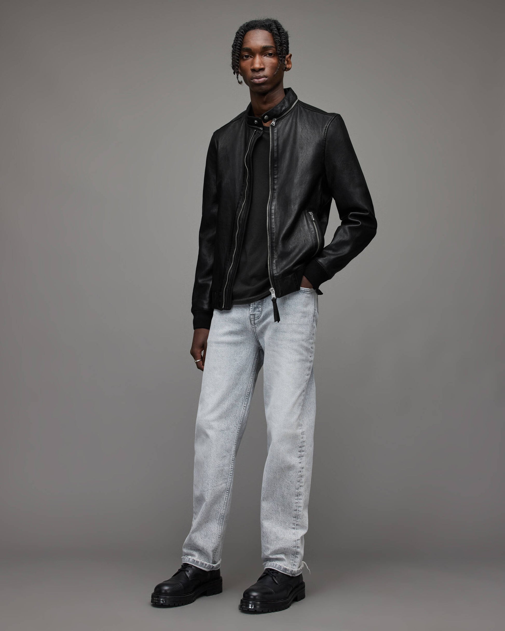 Men's Leather Bomber Jacket In Black With Dual Collar