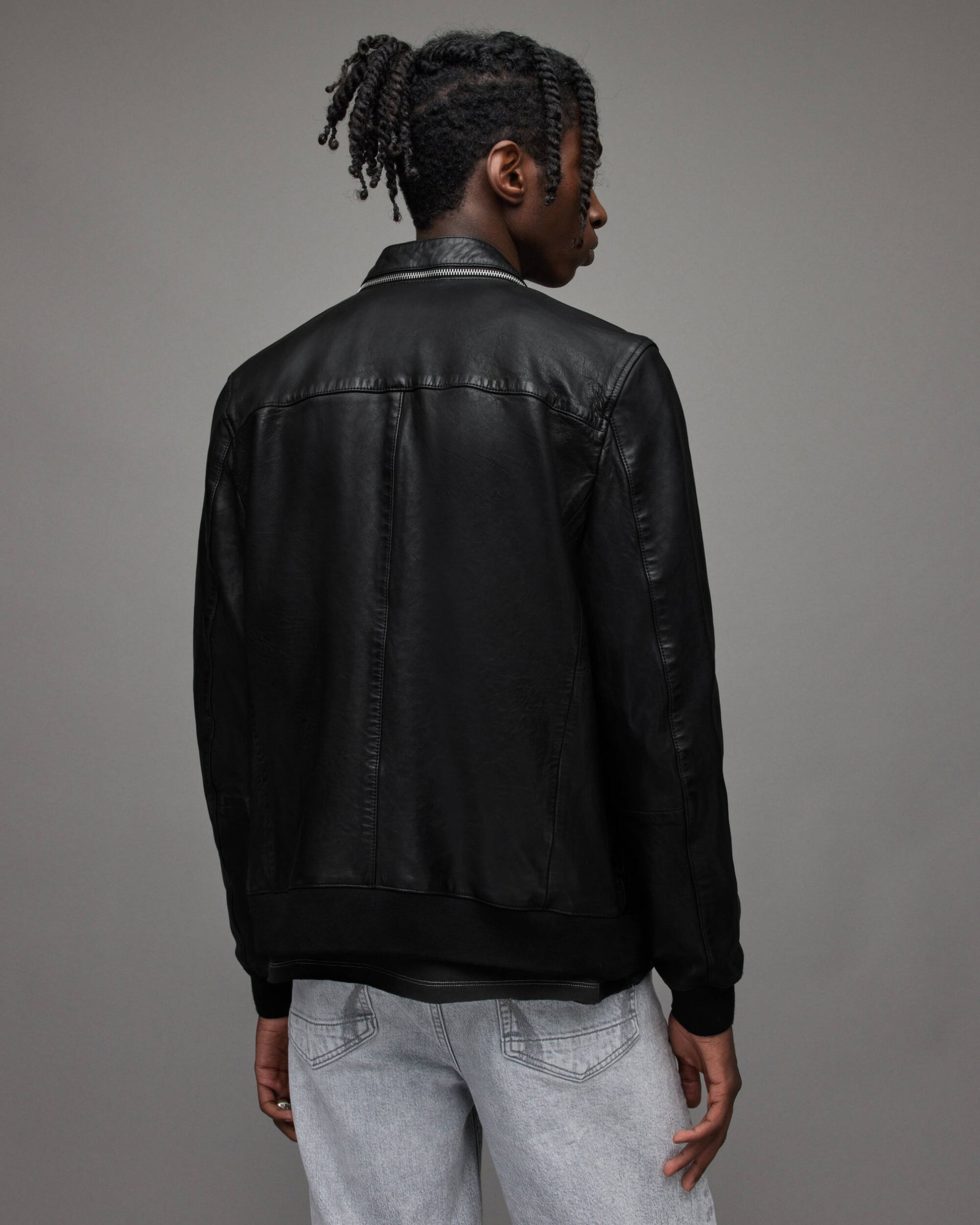 Men's Leather Bomber Jacket In Black With Dual Collar