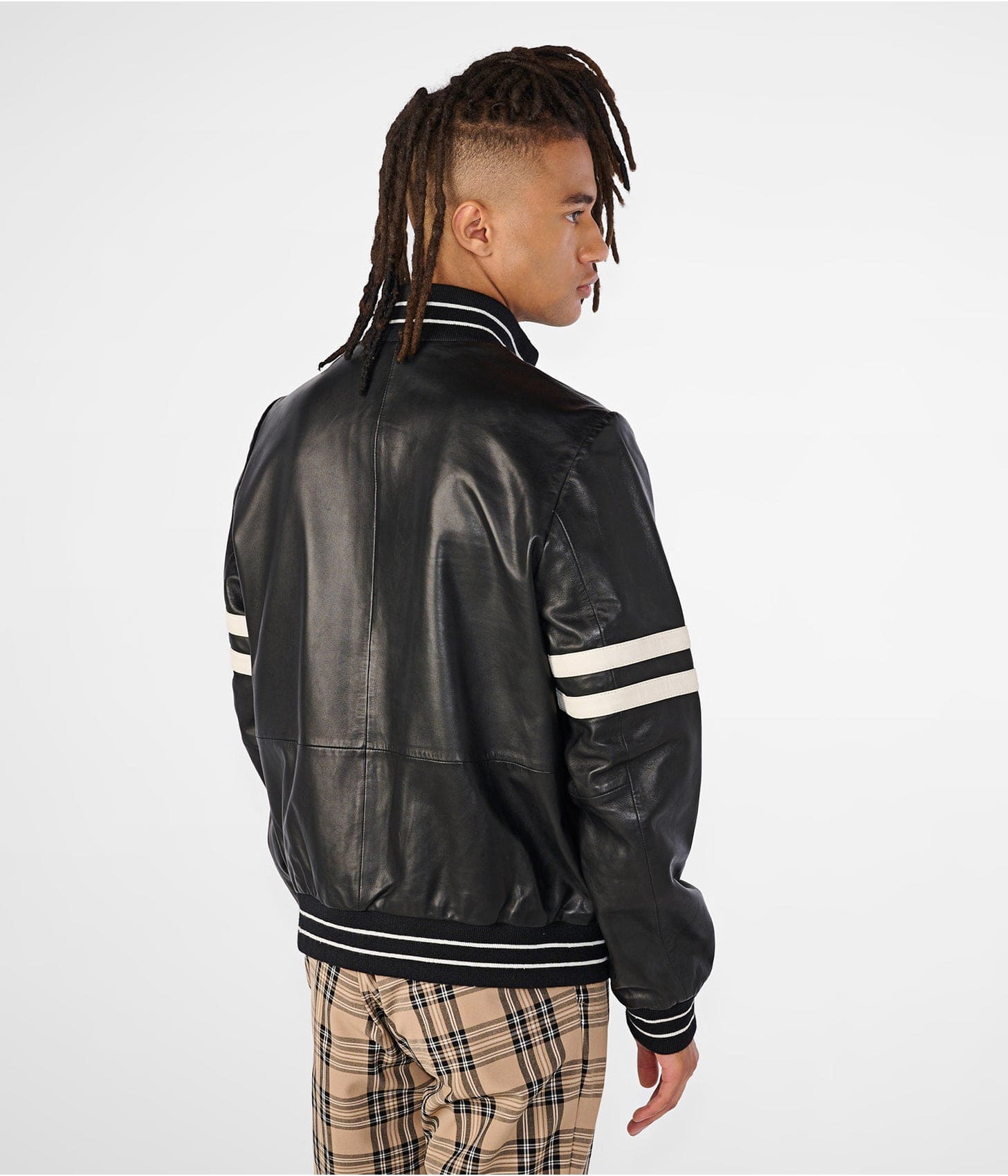 Men's Leather Bomber Jacket In Black With Stripes