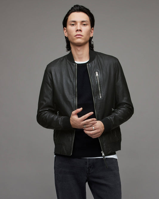 Men's Leather Bomber Jacket In Black