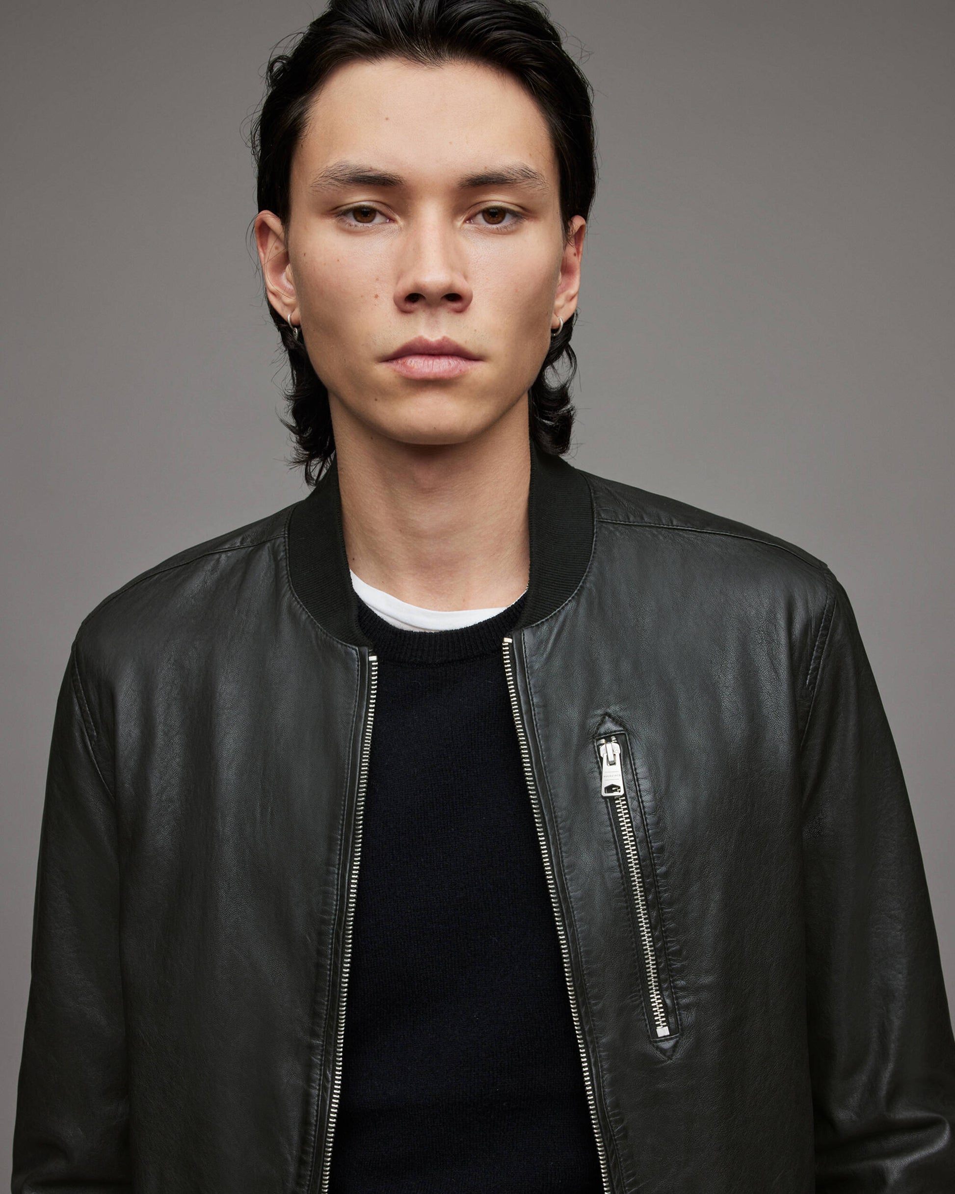 Men's Leather Bomber Jacket In Black