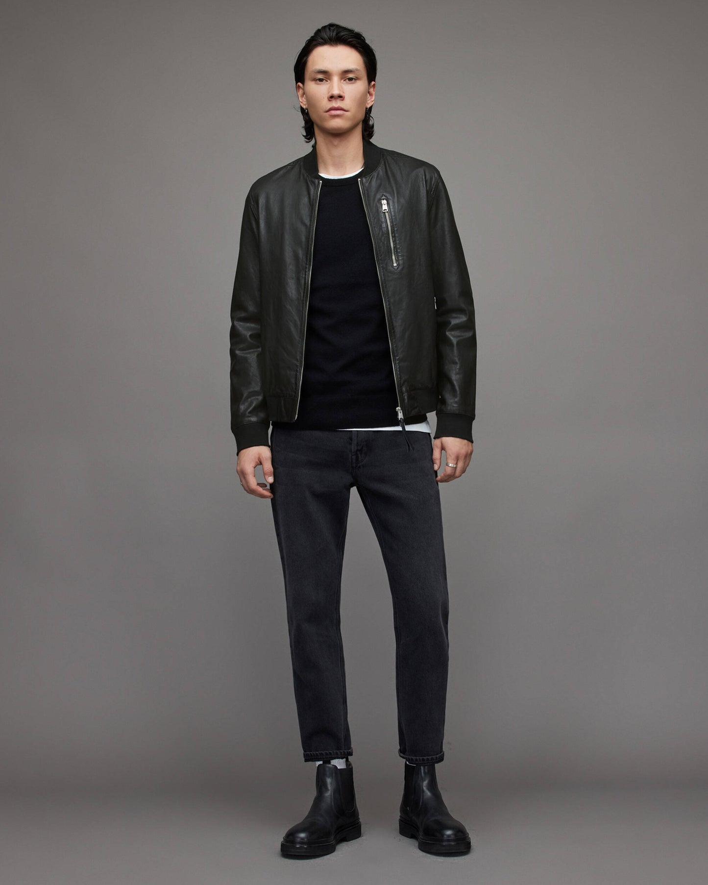 Men's Leather Bomber Jacket In Black