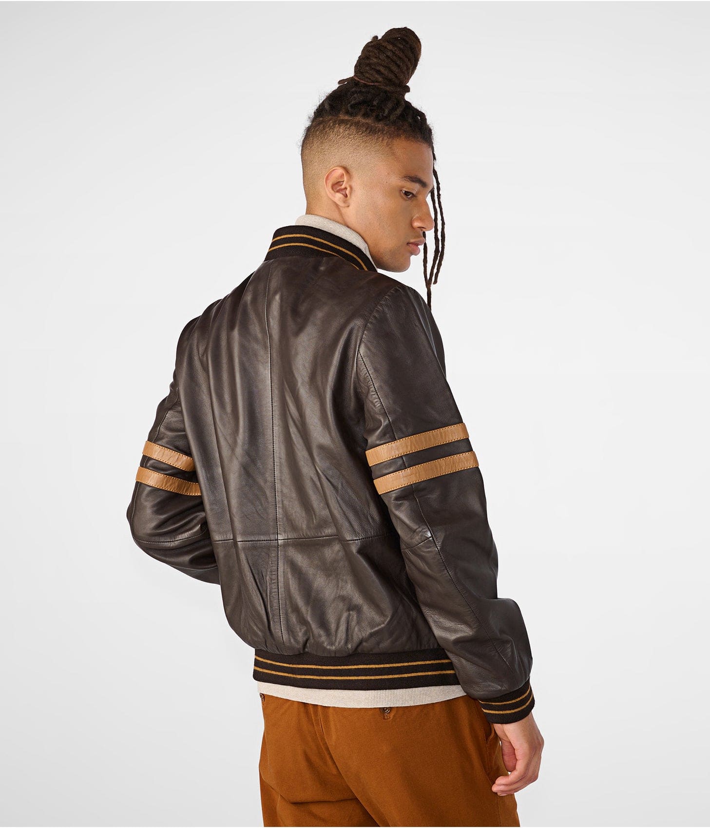 Men's Leather Bomber Jacket In Dark Brown With Straps