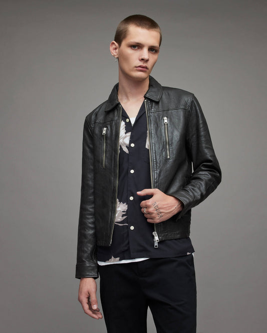 Men's Leather Cafe Racer Jacket In Black