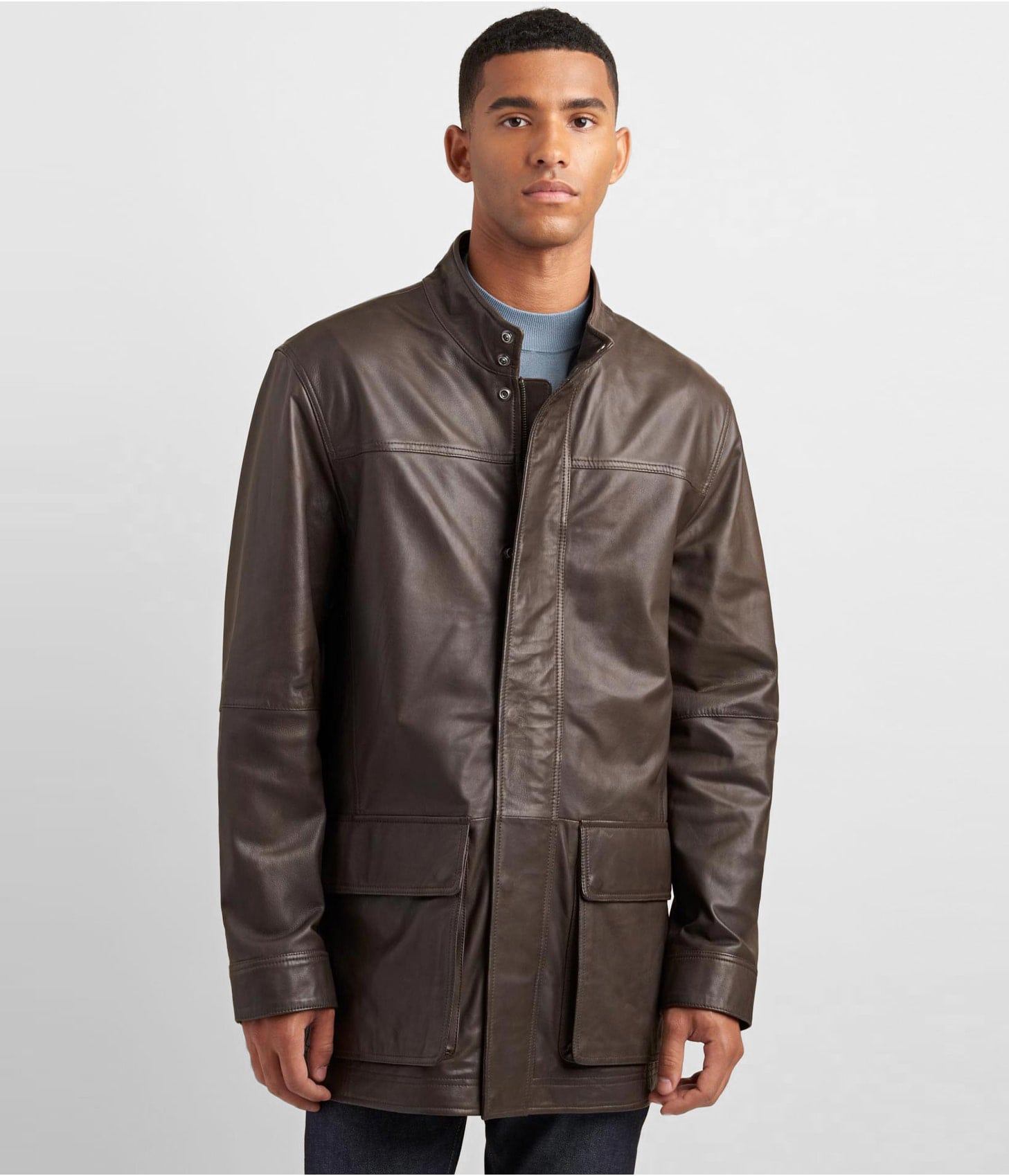 Men's Leather Coat In Dark Brown With Patch Pockets