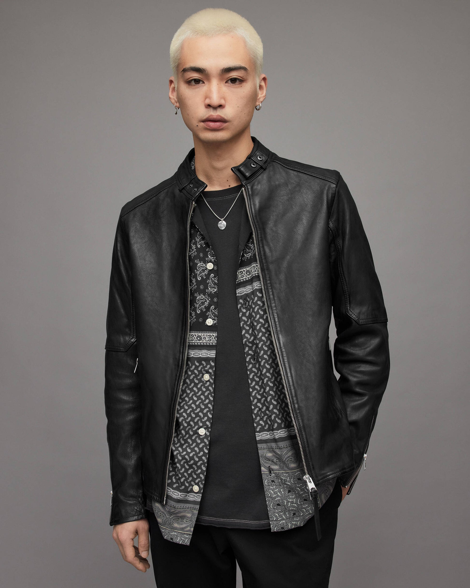 Men's Leather Harrington Jacket In Black With Band Collar And Snap Button