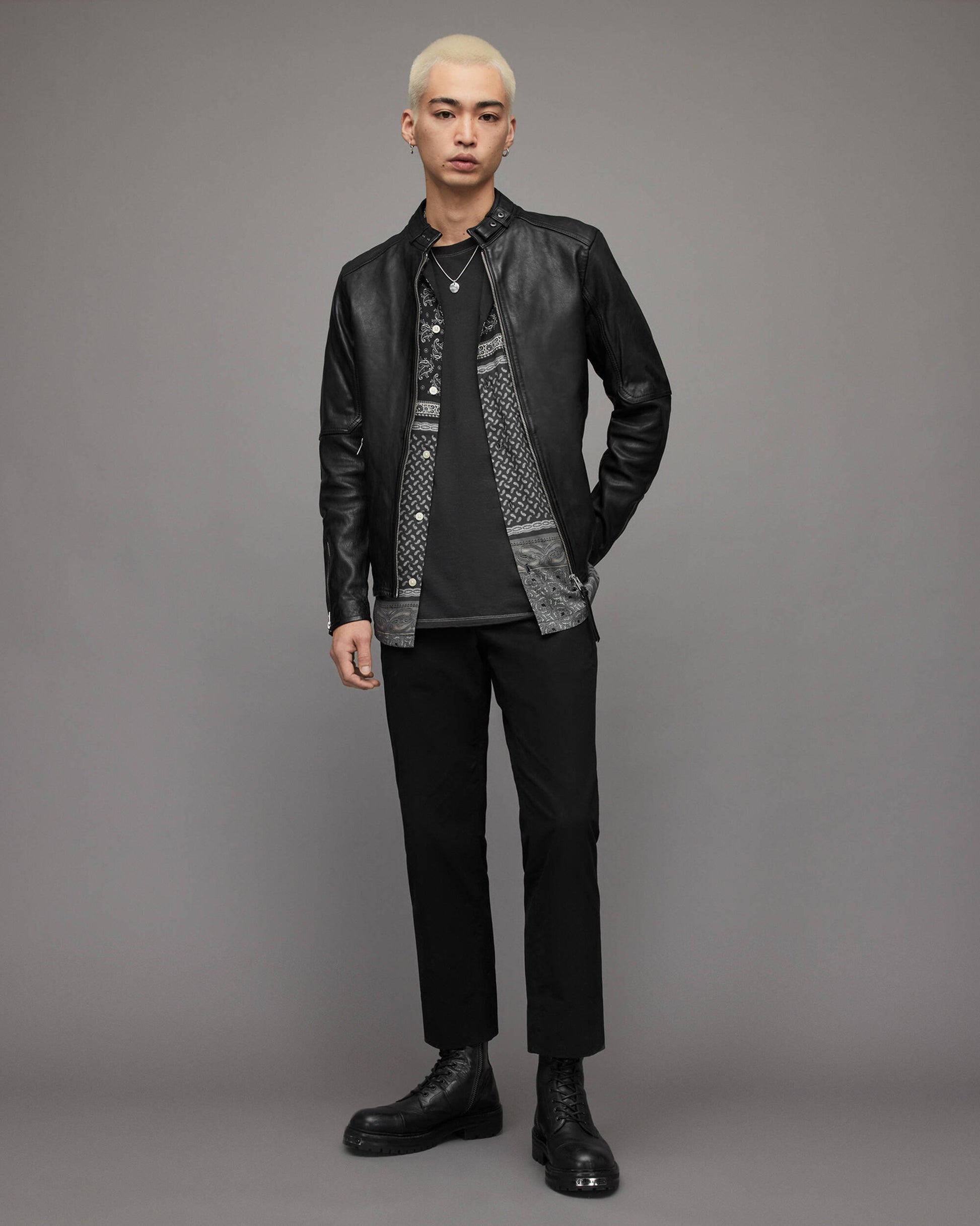 Men's Leather Harrington Jacket In Black With Band Collar And Snap Button