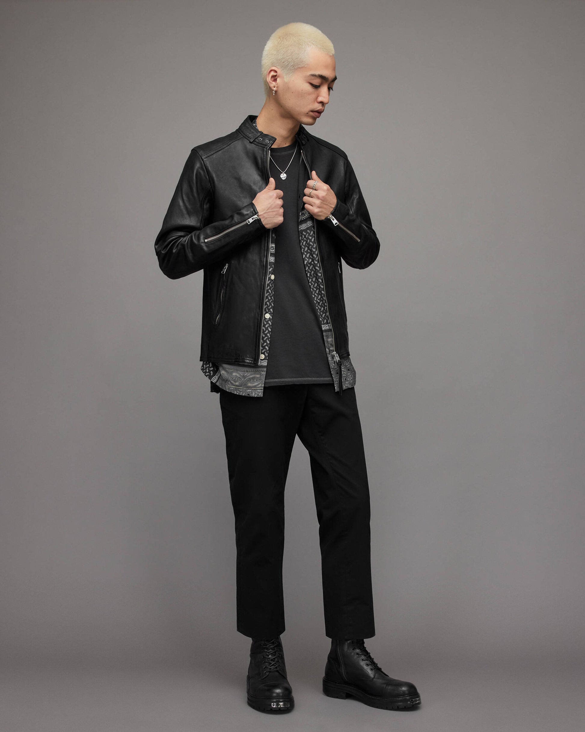 Men's Leather Harrington Jacket In Black With Band Collar And Snap Button