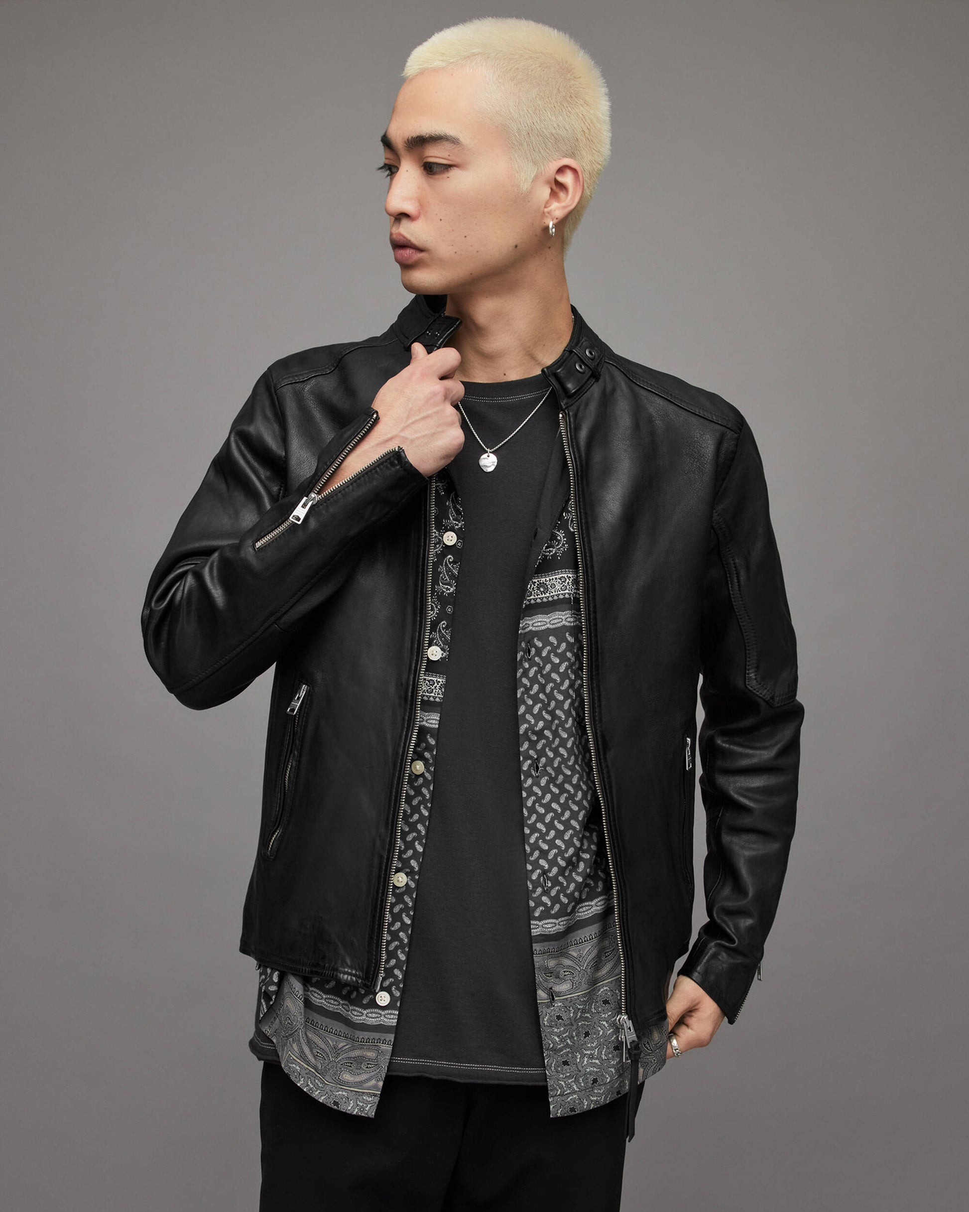 Men's Leather Harrington Jacket In Black With Band Collar And Snap Button