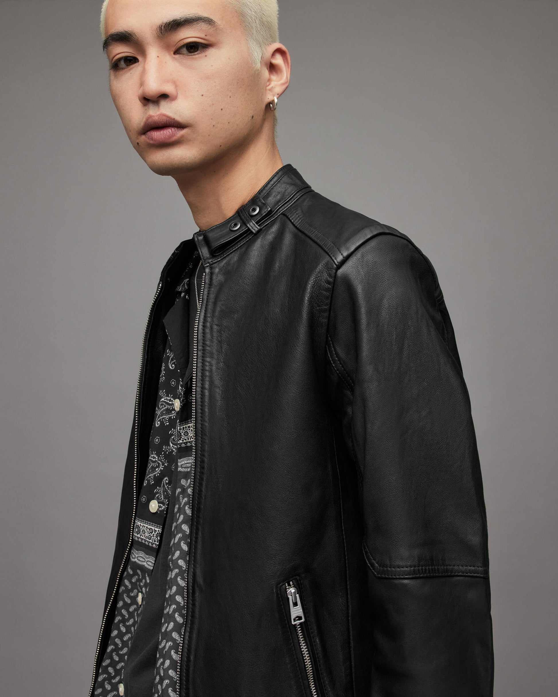 Men's Leather Harrington Jacket In Black With Band Collar And Snap Button