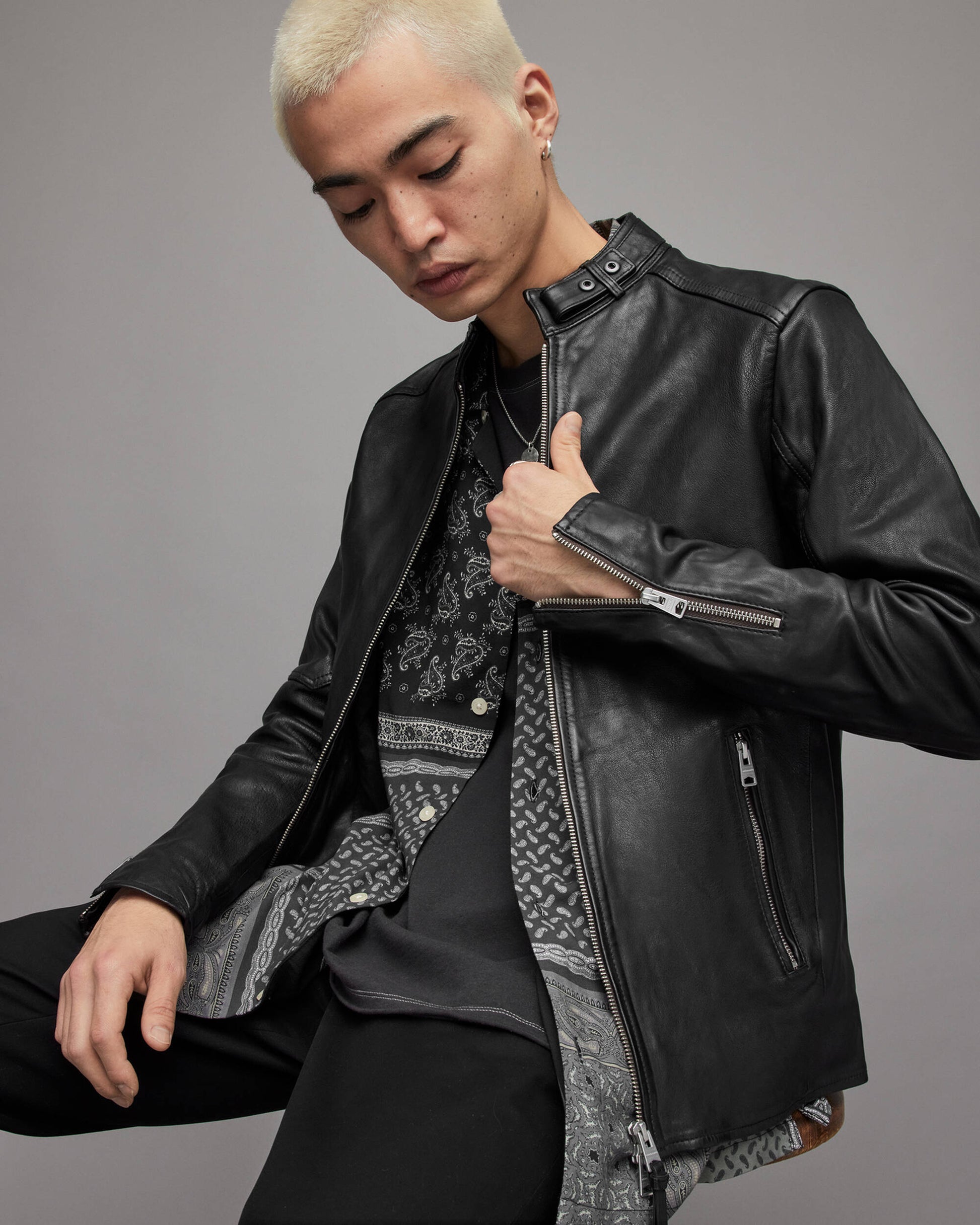 Men's Leather Harrington Jacket In Black With Band Collar And Snap Button