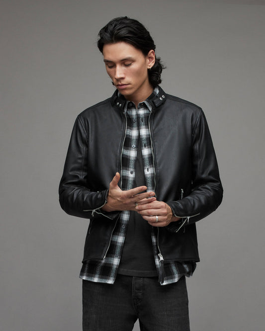 Men's Leather Harrington Jacket In Black With Band Collar