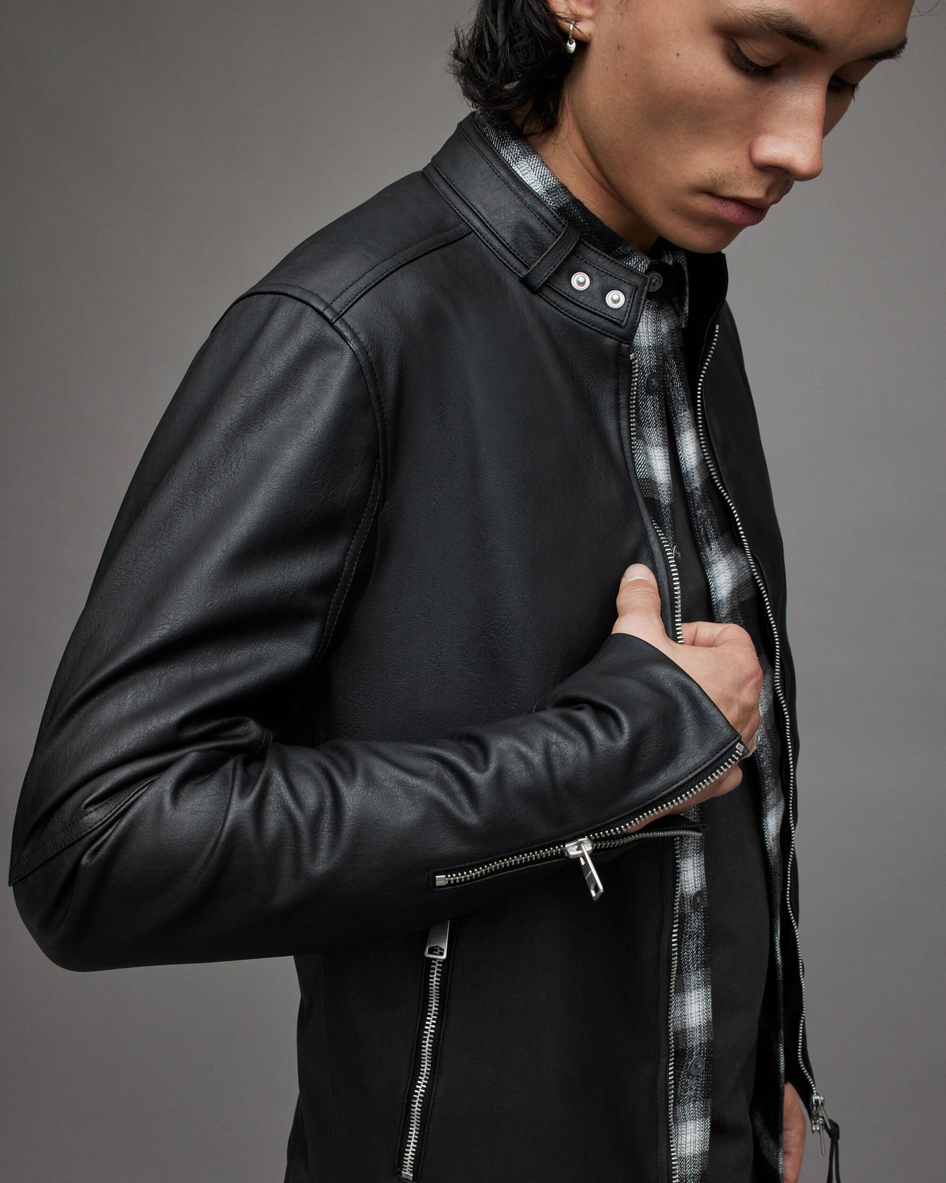 Men's Leather Harrington Jacket In Black With Band Collar