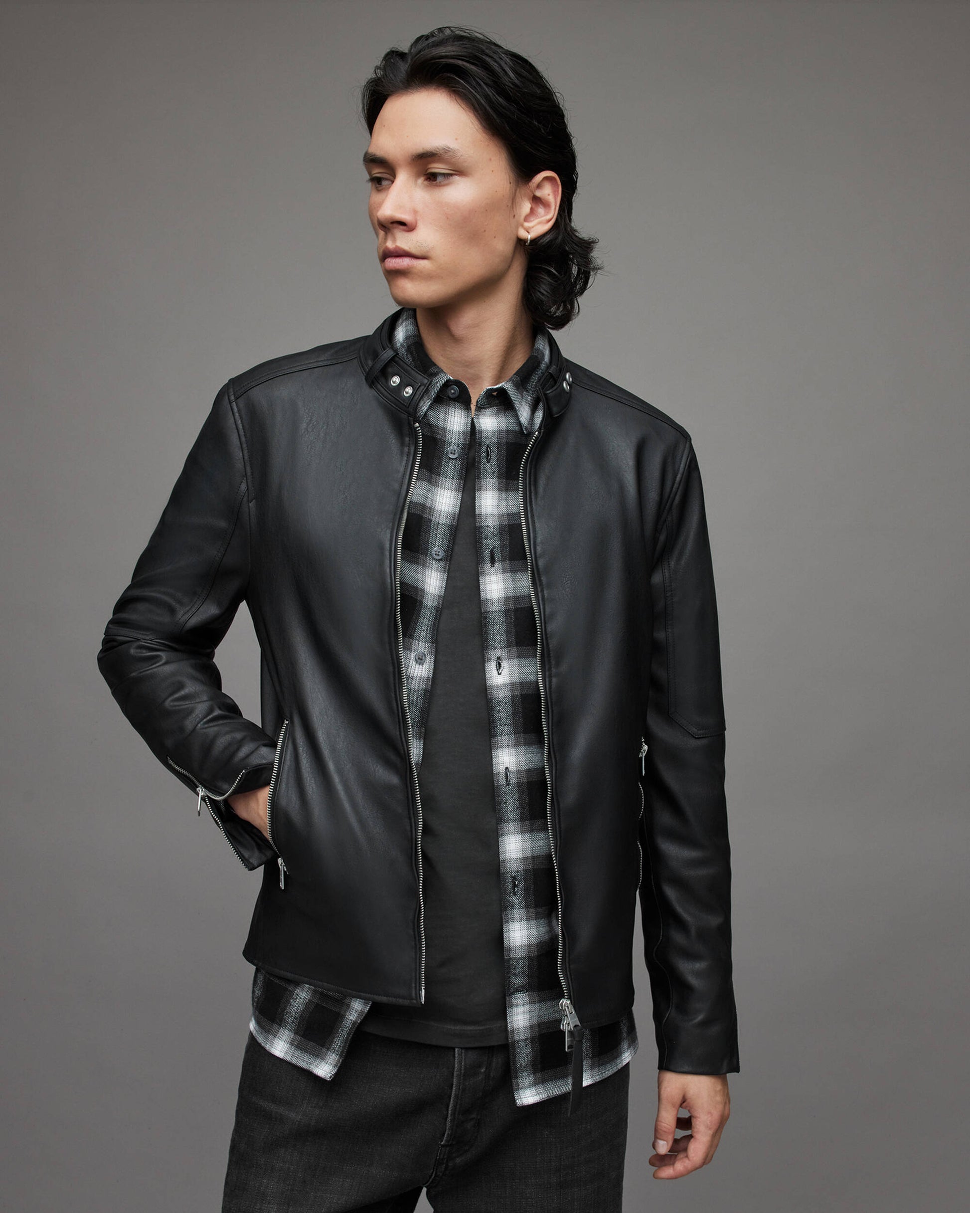 Men's Leather Harrington Jacket In Black With Band Collar