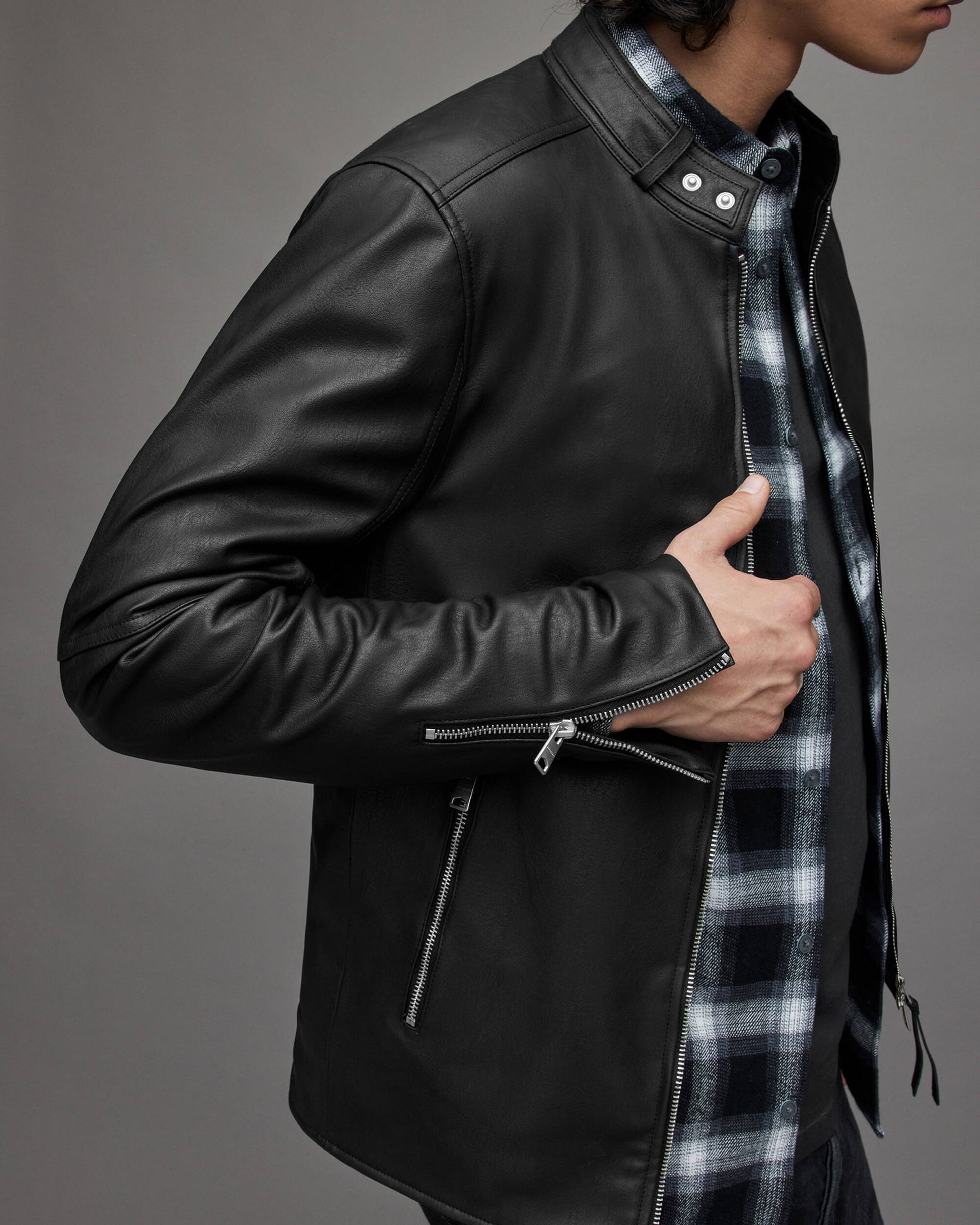 Men's Leather Harrington Jacket In Black With Band Collar