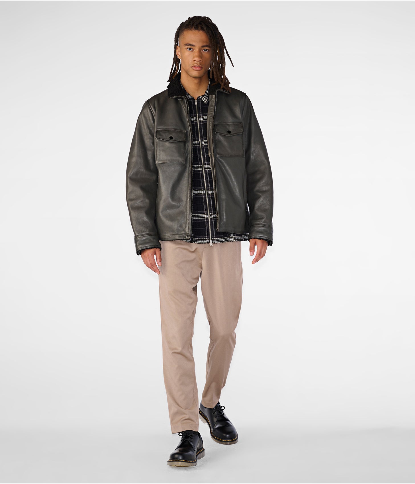 Men's Leather Harrington Shearling Jacket In Gray