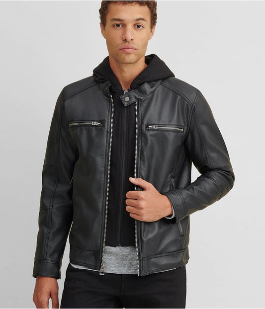 Men's Leather Jacket In Black With Removable Hood
