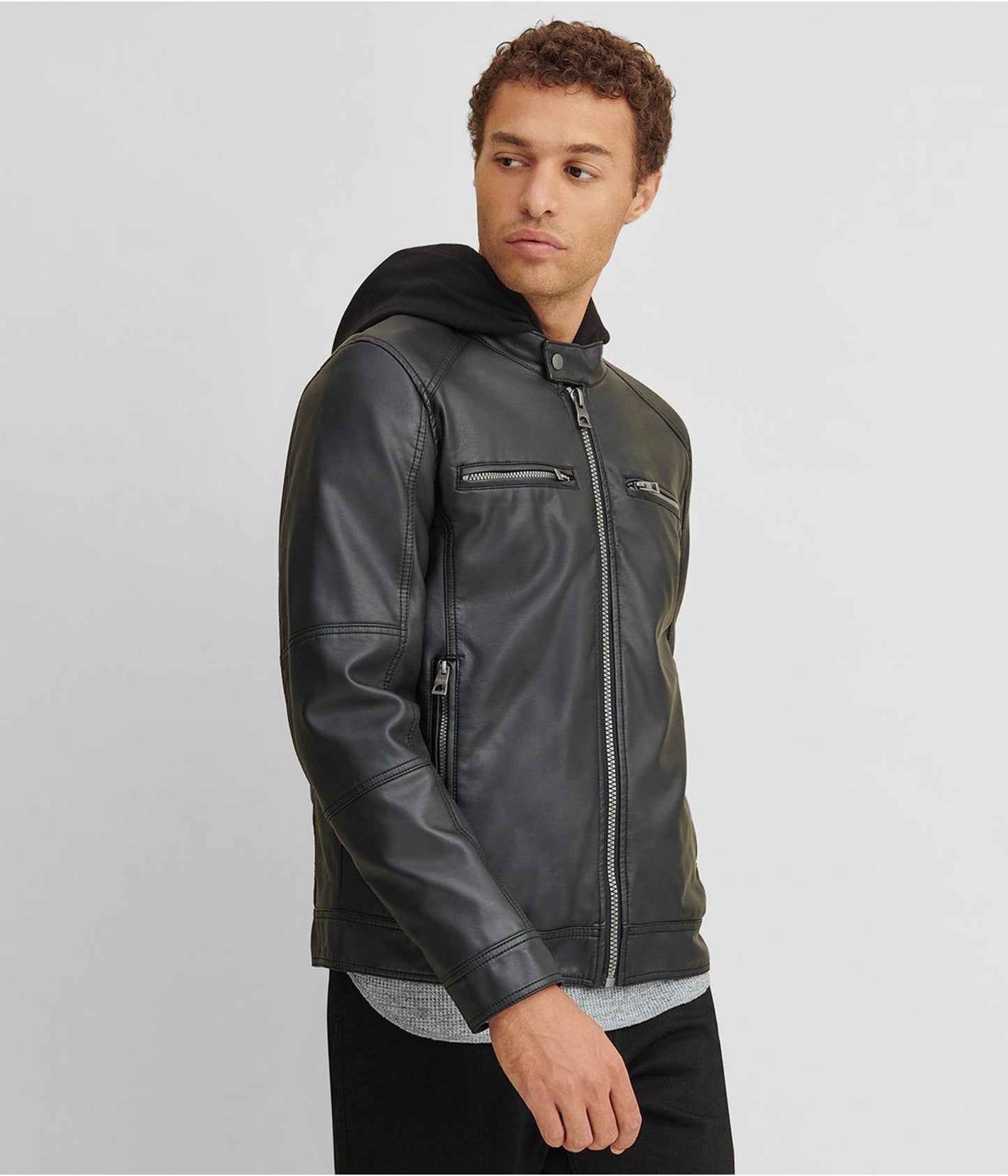 Men's Leather Jacket In Black With Removable Hood