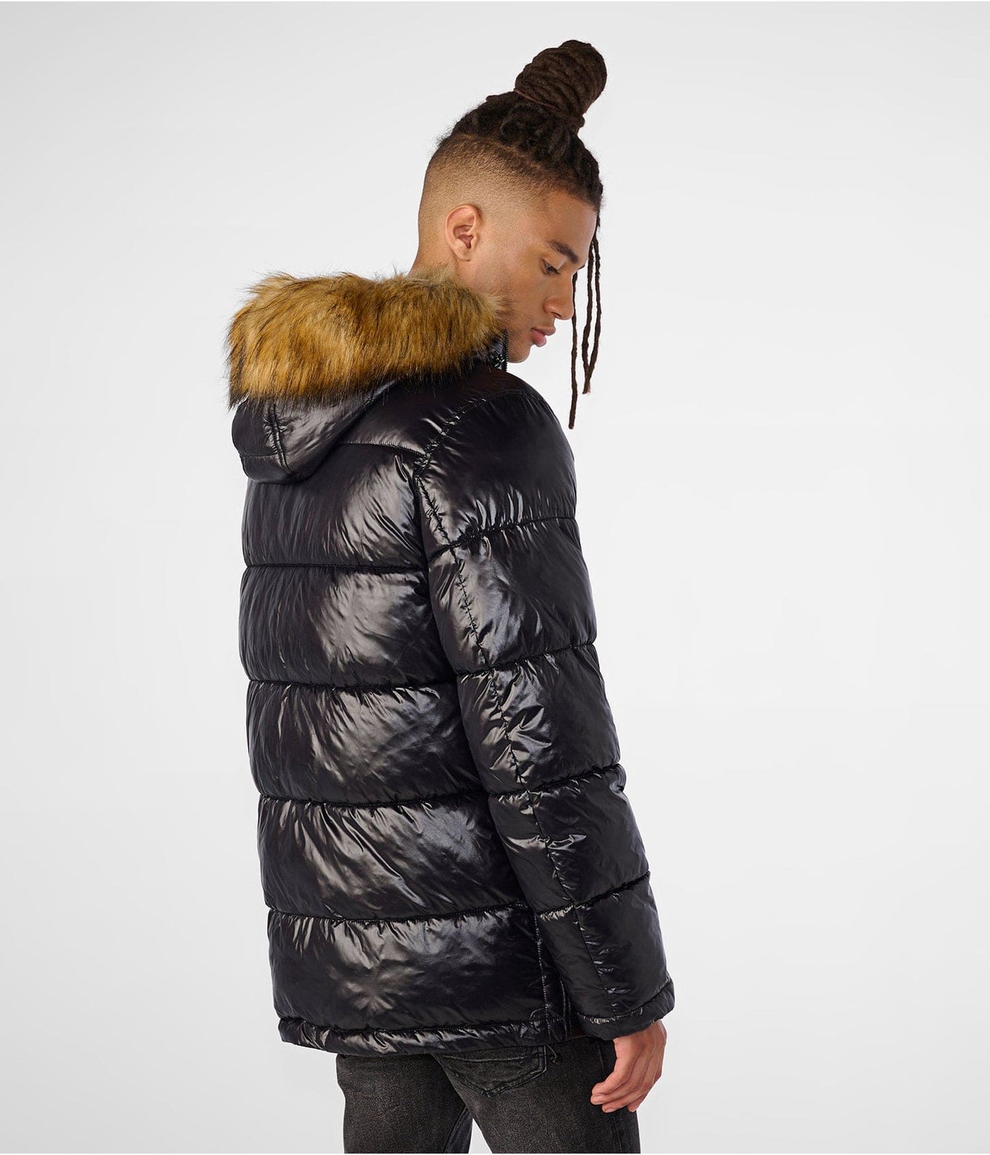 Men's Leather Puffer Jacket In Black With Fur Hood
